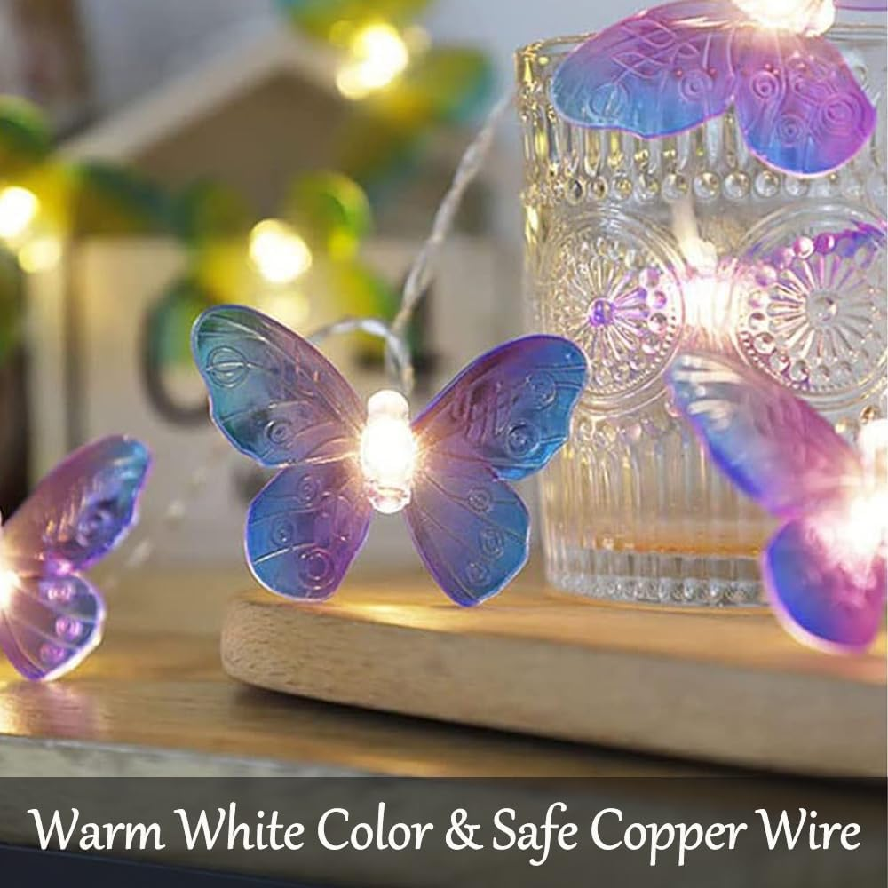 Fielegen 20 LED Butterfly String Lights, 9.84Ft/3 Meter Battery Powered Purple Butterfly Fairy Lights for Home Bedroom Indoor Outdoor Garden Wedding Party Holiday Summer Decoration - Cherry image number 4