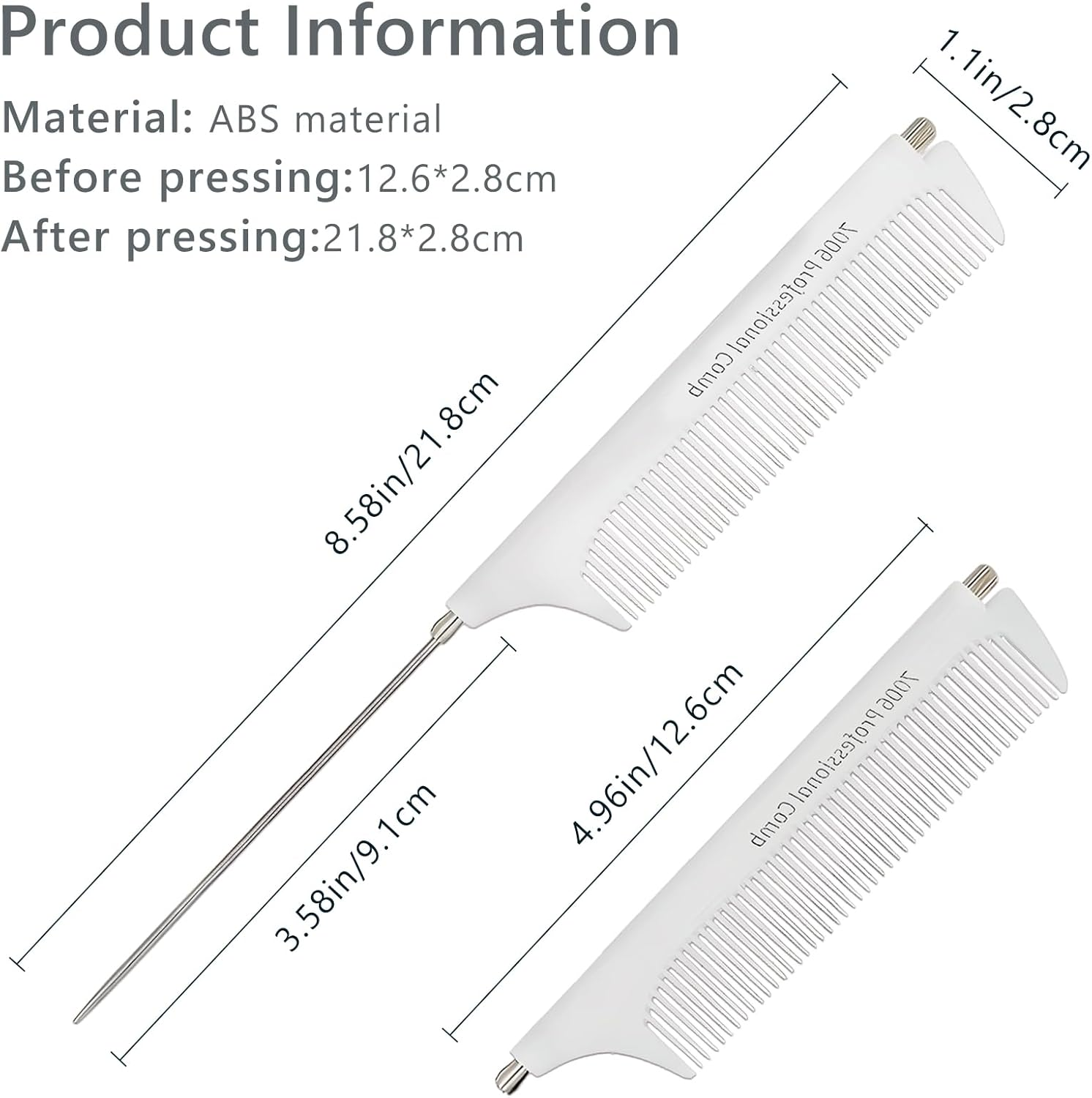 Professional Portable Fine Tooth Teasing Comb for Styling, Hair Cutting, White Retractable Metal Rat Tail Comb for Parting, Stainless Steel Pin Tail Teasing Comb for Salon image number 3
