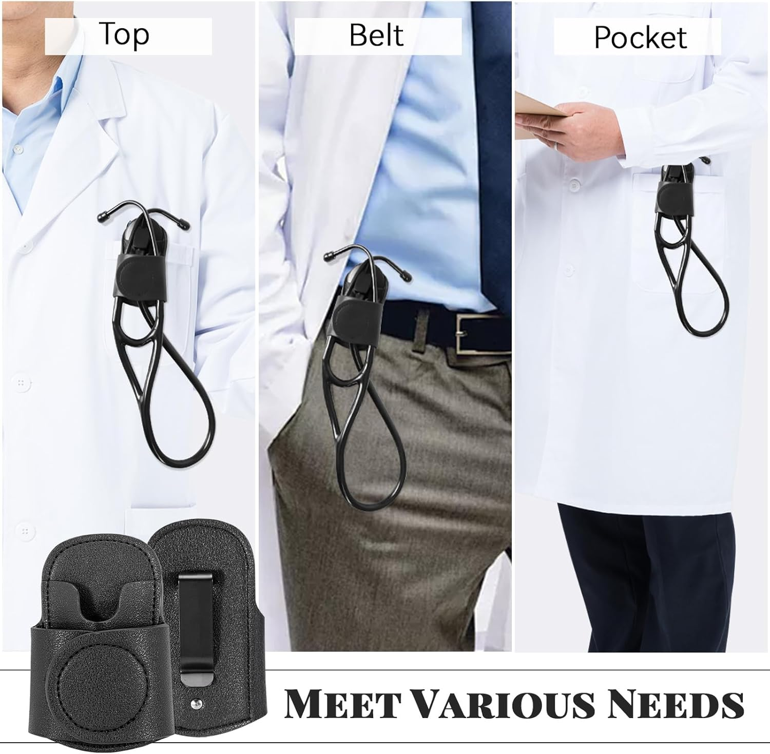 Leather Stethoscope Holder Hip Clip, Stethoscope Hip Holder for Waist Belt, Clip-On Stethoscopeholder for Physicians Nurses(Black) - Black image number 6