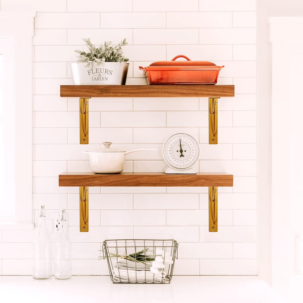 WAALIJI Metal Shelf Brackets, Gold Heavy Duty Shelf Bracket 7 Inch for Floating Shelf DIY Open Shelving Modern L & Cross Design Set of 4 image number 5