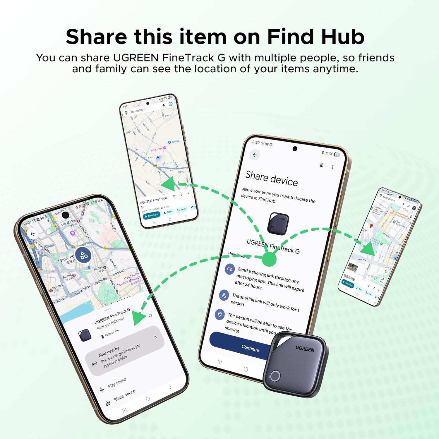 UGREEN 4 Pack Finetrack G Smart Finder, Bluetooth Tracker 1-Year USB-C Rechargeable Compatible with Google Find Hub (Android Only), 80Db Alarm Volume, Item Finder and Locator for Keys, Suitcase, Car image number 1