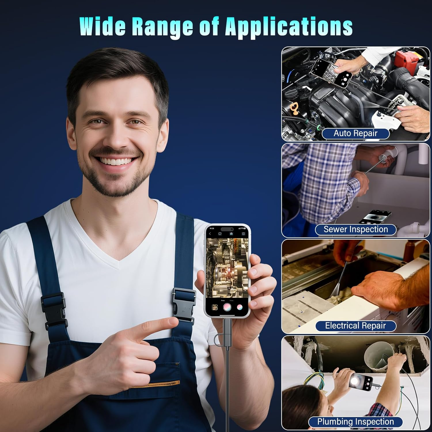 Endoscope Camera with Light, 1920P Dual-Lens HD Borescope Tools with 8 Adjustable LED Lights, 5.5Mm Snake Camera with 16.4Ft Semi-Rigid Cable, IPX67 Waterproof Inspection Borescope for Ios and Android image number 1