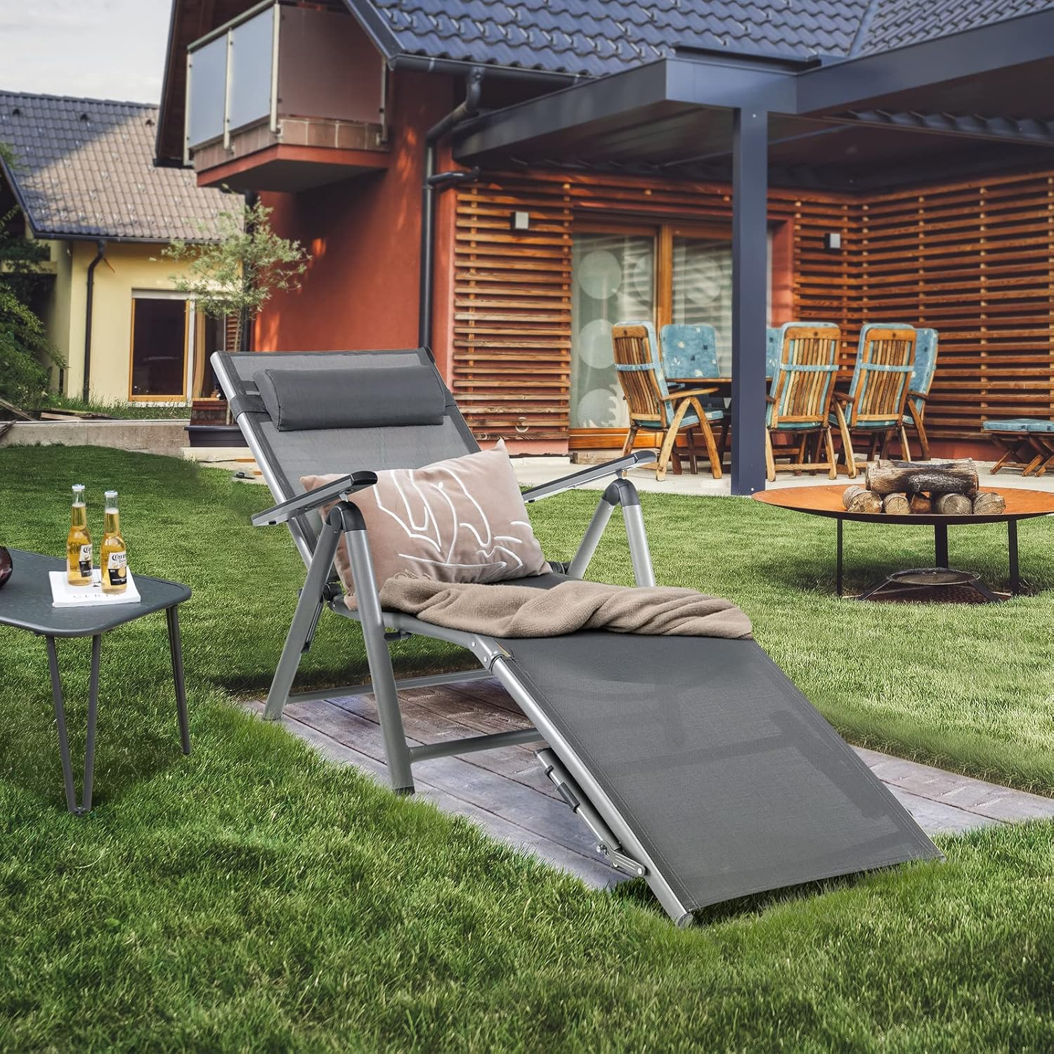 Costway Patio Lounge Chair, Rustproof Aluminum Chaise Lounge Chair with 8-Position Adjustable Backrest, 2-Postion Footrest, Comfortable Headrest, Outdoor Folding Reclining Chair for Outside image number 6