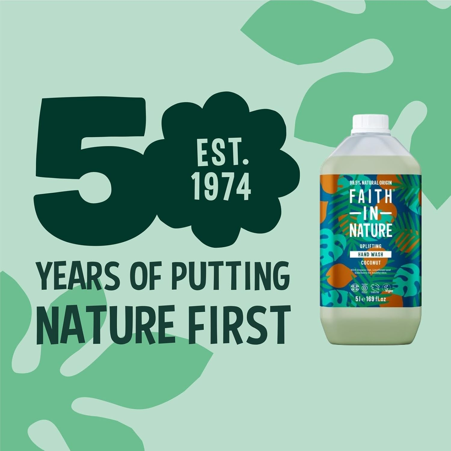 Faith in Nature Natural Coconut Hand Wash, Hydrating, Vegan & Cruelty Free, Parabens and SLS Free, 5L Refill Pack image number 1