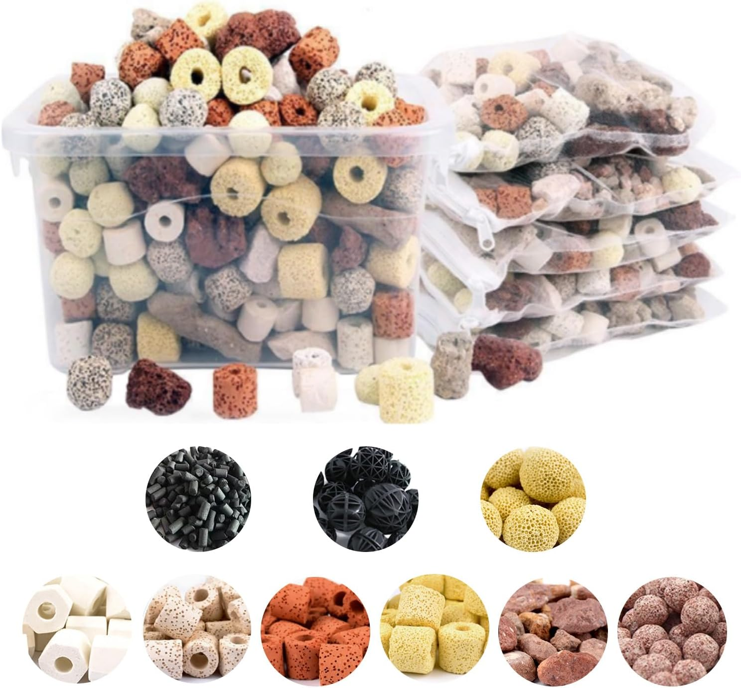 SUSOO 12 in 1 Aquarium Filter Media,Enduring Effect Sink Bio Media with Filter Net Bag,Activated Carbon,Bio Balls,Ammonia Remover Rock,Ceramic Rings,For Fish Tank Accessories Clear Water (650G/1.4Lb) image number 3