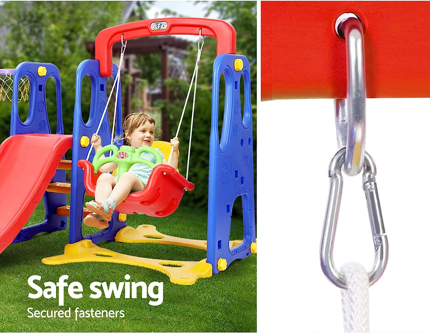 Keezi Kids Slide Swing Set with Basketball Hoop, 3 in 1 Climbing Frame Cubby House Toddler Fold up Cardboard Slides Playground Outdoor Indoor Activity Sports Center Gym, Sticker Pump image number 1