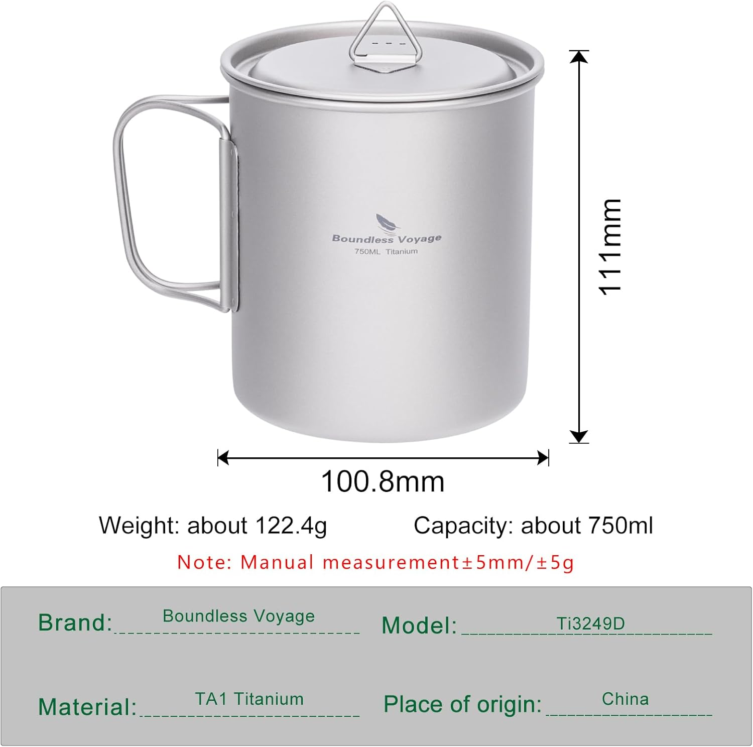 Boundless Voyage Titanium Mug with Lid Outdoor Titanium Lightweight Coffee Mug for Hiking Backpacking Camping (Ti3249D-750Ml) image number 5