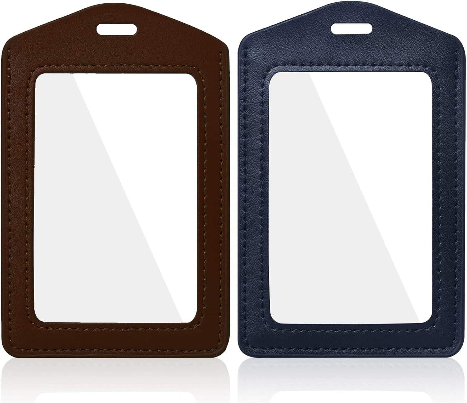 2 Pack Genuine Leather ID Badge Holders, Vertical ID Card Holders with Dual-Side Clear Window, Waterproof Name Badge Holde Suit for Office, Staff, Students, Employees(Blue&Coffee) - Style 2 image number 6