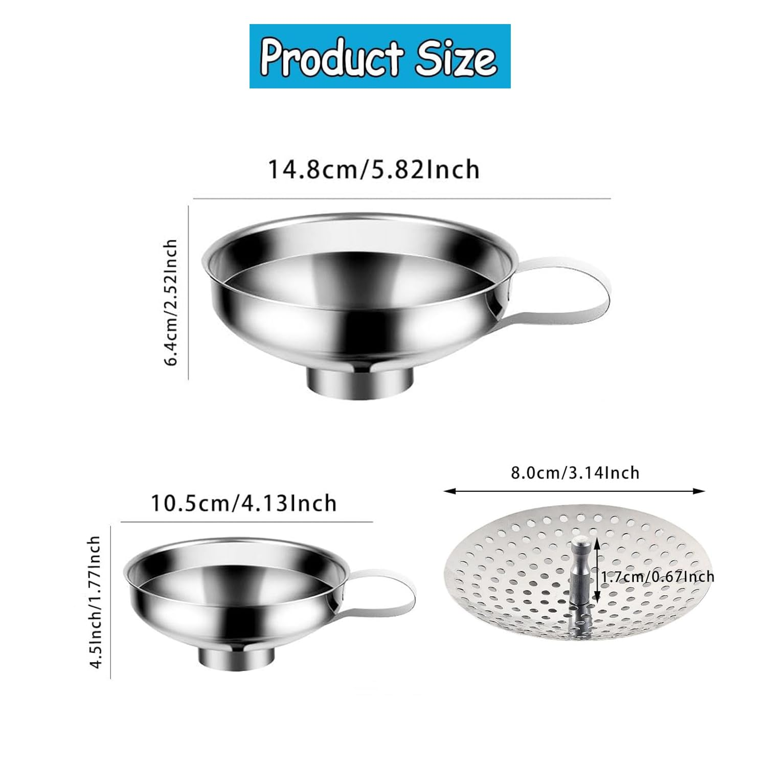 Yharnamite 2 Pcs Canning Funnel with 1 Pcs Strainer, Wide Mouth Metal Funnels for Kitchen Use, Stainless Steel Funnels for Filling Bottles image number 3
