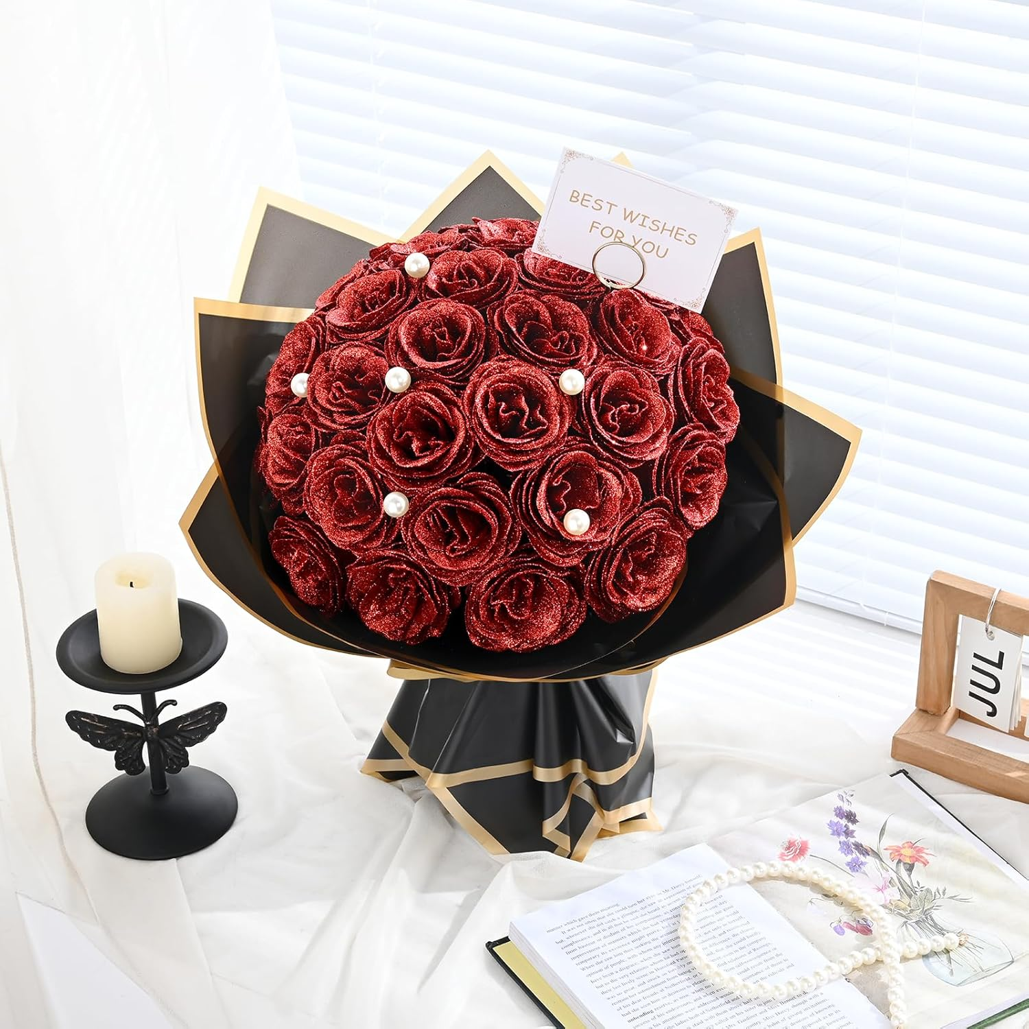 Waipfaru Red Glitter Roses Bouquet, DIY Fake Flowers Bouquet, Everlasting Shiny Artificial Rose Bouquet for Valentine'S Day, Anniversary, Engagement, Wedding, 24 Roses