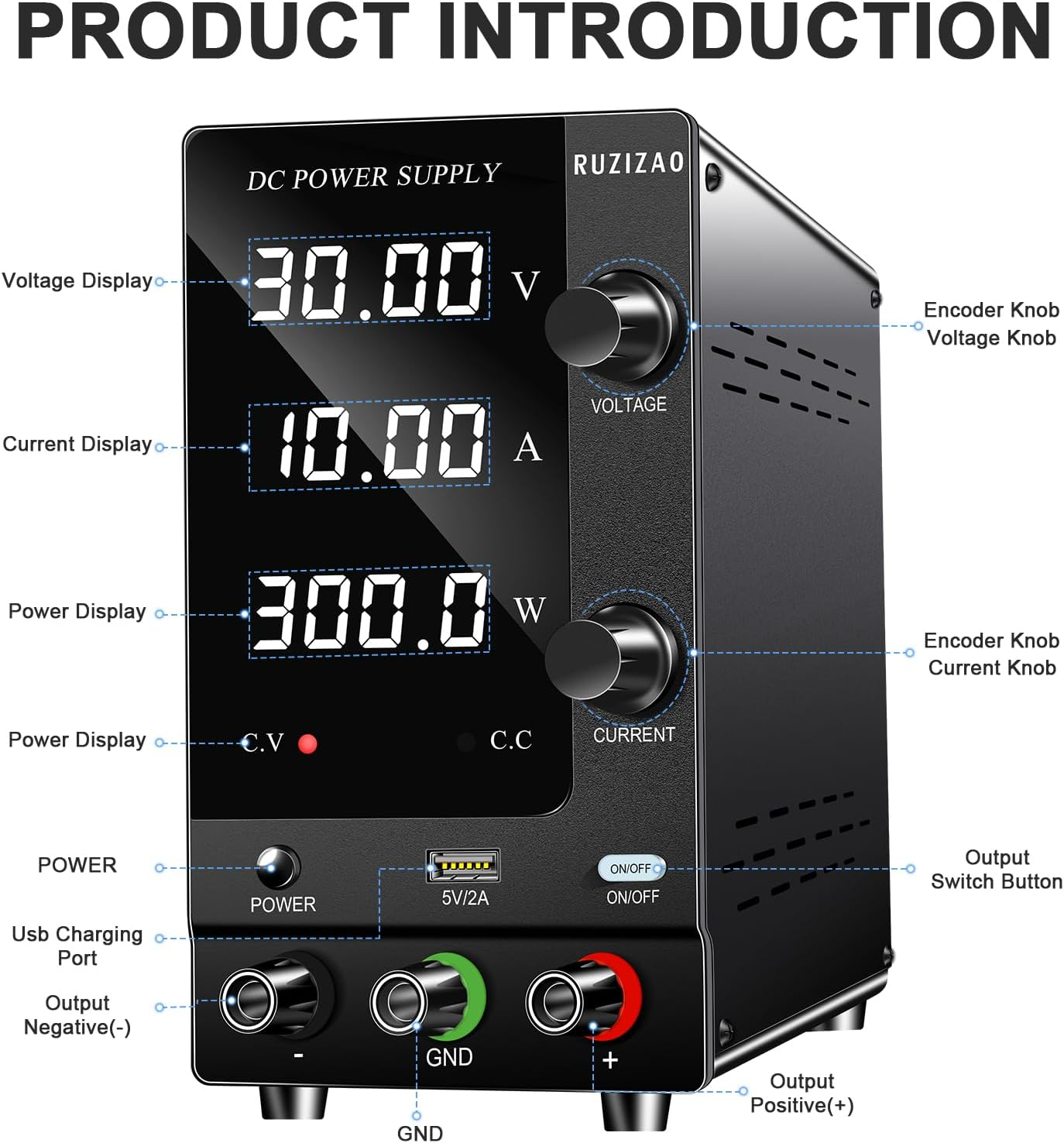 RUZIZAO DC Power Supply Variable, 30V 10A Adjustable Switching Regulated with Encoder Adjustments Knob, Lab Bench Output Button 5V/2A USB Interface Battery Charger (AC 240V) image number 2