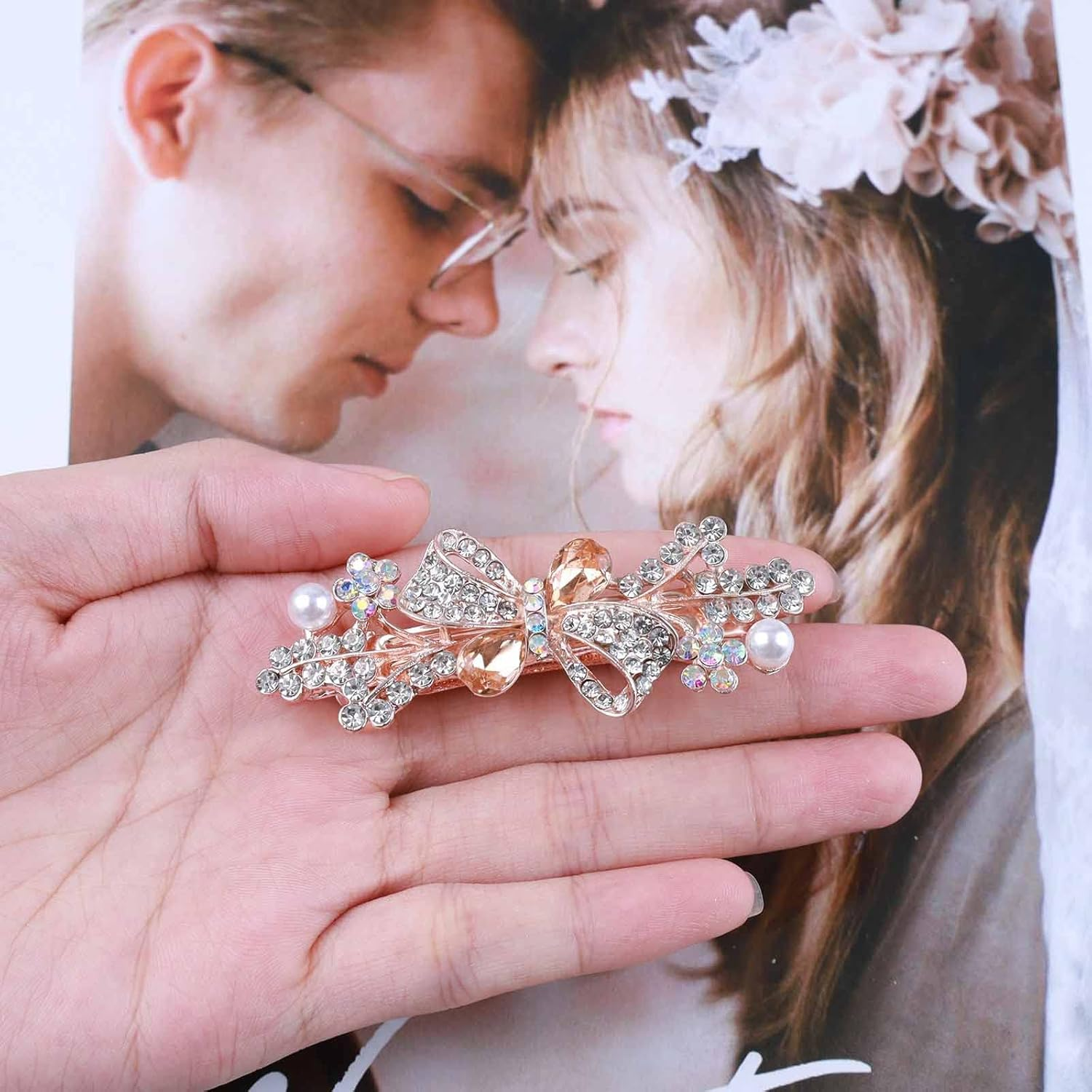 Yheakne Pearl Crystal Wedding Hair Clip Barrette Gold Rhinestone Hair Barrette Bling Bridal Headpieces Decorative Head Clip Headwear Comb Bride Hair Accessories for Women and Girls Gifts(Champagne 2) image number 5