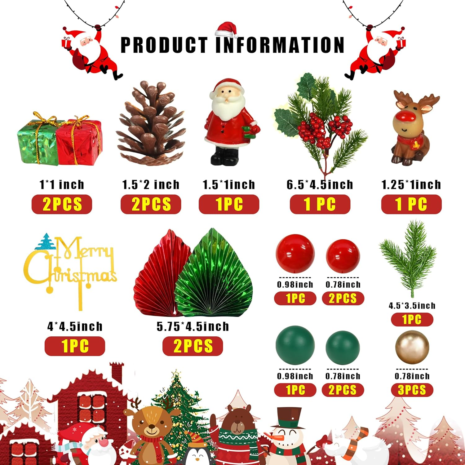 20 PCS Christmas Cake Toppers Merry Cake Decoration with Green Red Palms Tree Mini Santa Reindeer for Christmas Themed Birthday (Style 1) image number 6