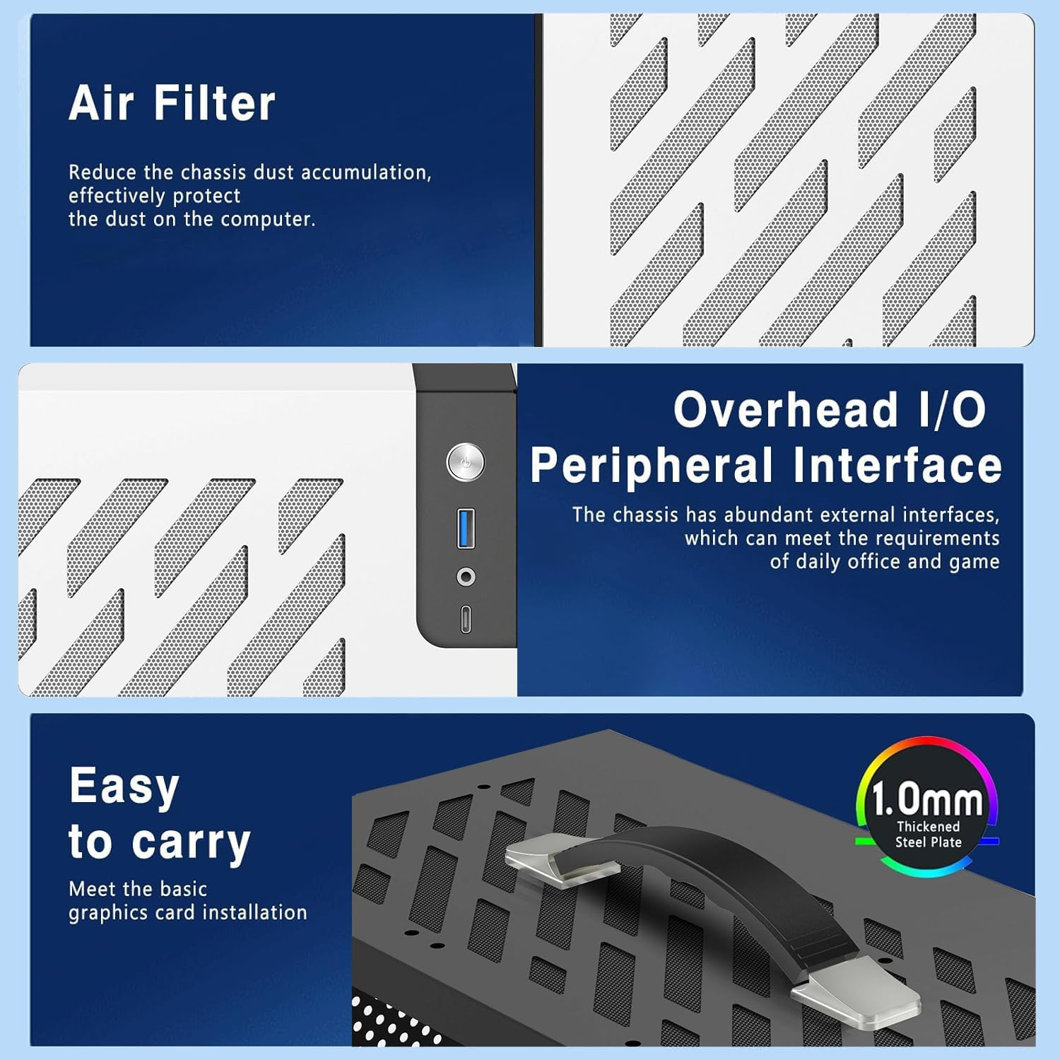 LIODUX Mini-Tower Case, Mini Portable ITX Computer Case, Full Side Glass Transparent DIY Desktop Case with Handle, Gaming PC Case 360Mm Radiator, Computer Tower Case - Fan Not Included (White) image number 3