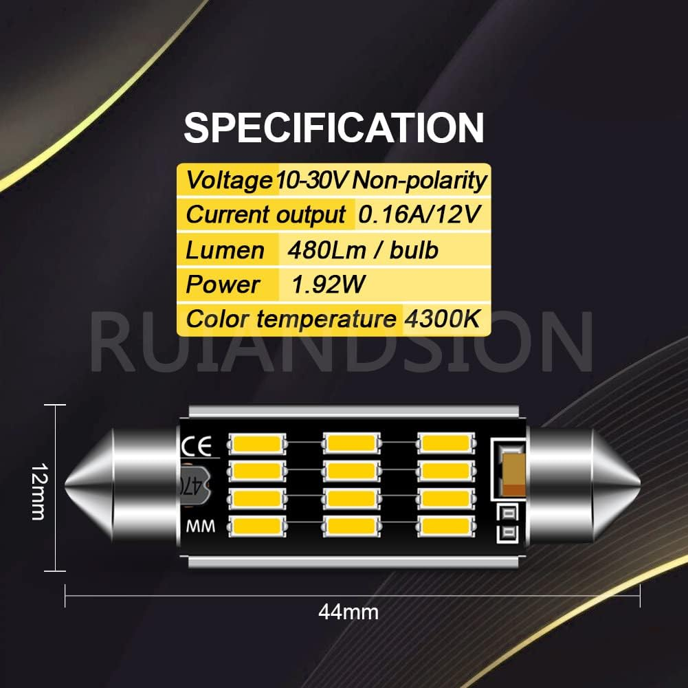 Ruiandsion 44Mm LED Dome Lights 10-30V Extremely Bright 211-2 212-2 561 562 LED Festoon Light Bulbs Canbus Error Free Replacement for Cars Trucks Interior Map Dome Lights, Warm White (Pack of 2)