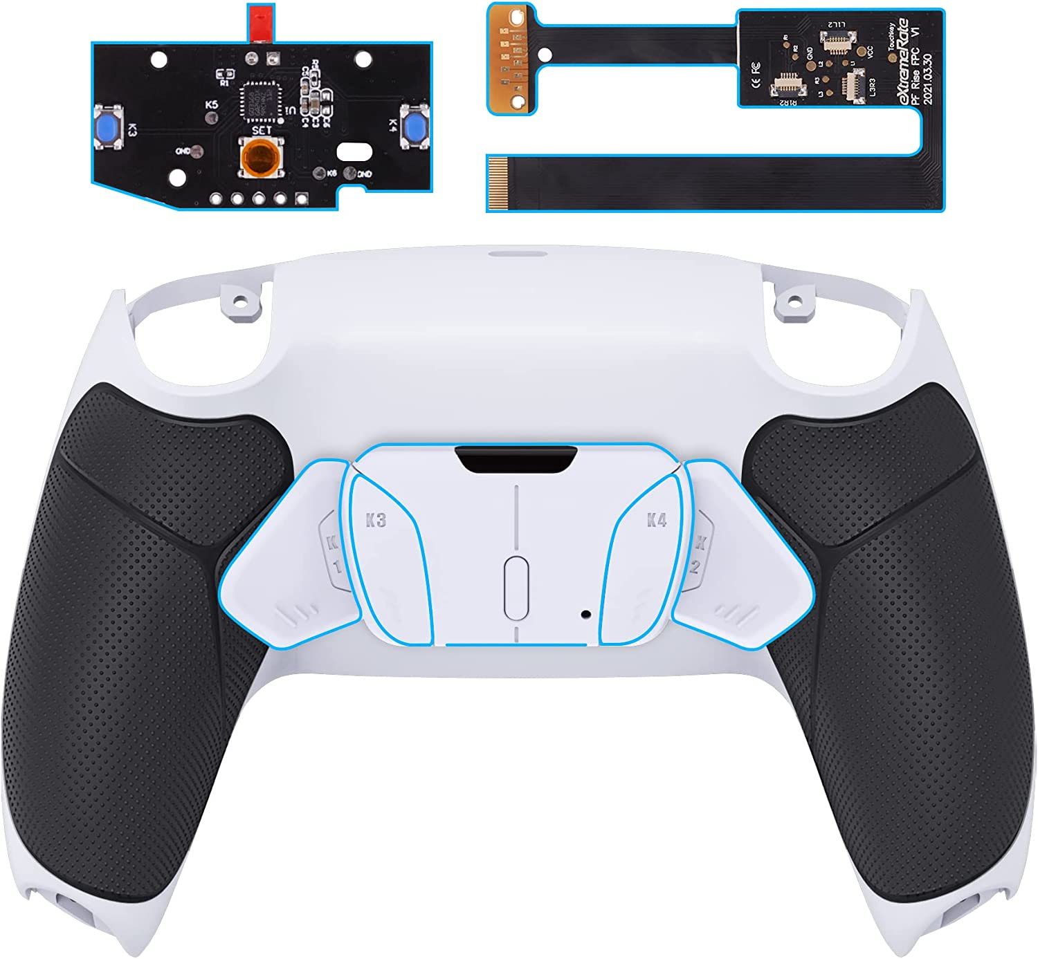 Extremerate Black Rubberized Grip Programable RISE4 Remap Kit for PS5 Controller BDM-010 BDM-020, Upgrade Board & Redesigned White Back Shell & 4 White Back Buttons for PS5 Controller -NO Controller image number 4