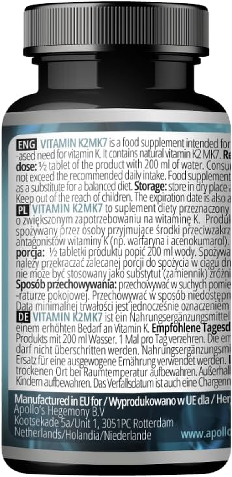 Vitamin K2 MK7 60 Vegan Tablets - 100 &Mu;g per Portion - up to 4-Month Supply - for Bone Health and Blood Clotting Support - Dietary Supplement - by Apollo&rsquo;S Hegemony image number 2