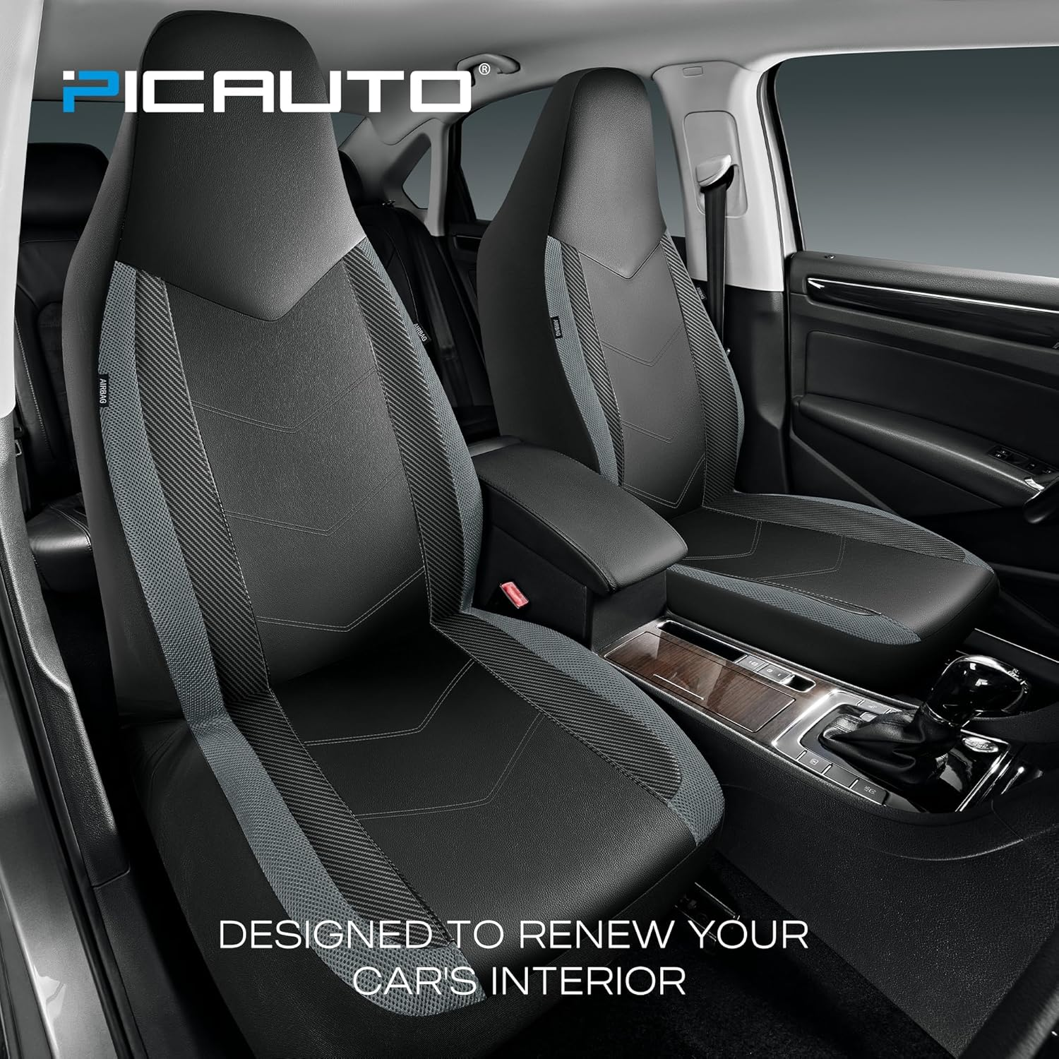 PIC AUTO Leather Car Seat Covers, Sports Carbon Fiber & Mesh Design, High-Back Full Set, Waterproof Automotive Seat Covers, Airbag Compatible, Universal Fit for Cars, Suvs, Trucks (Black & Gray) image number 5