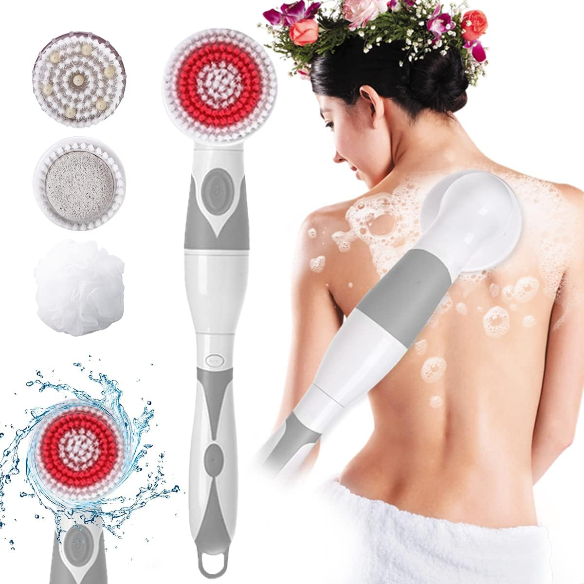 Electric Body Brush, Long Handled Body Scrubber with 4 Brush Heads, Waterproof Soft Silicone Exfoliating Spin Brush Massage Bath Brush, Battery Powered Back Shower Brush & Facial Cleansing Brush image number 6