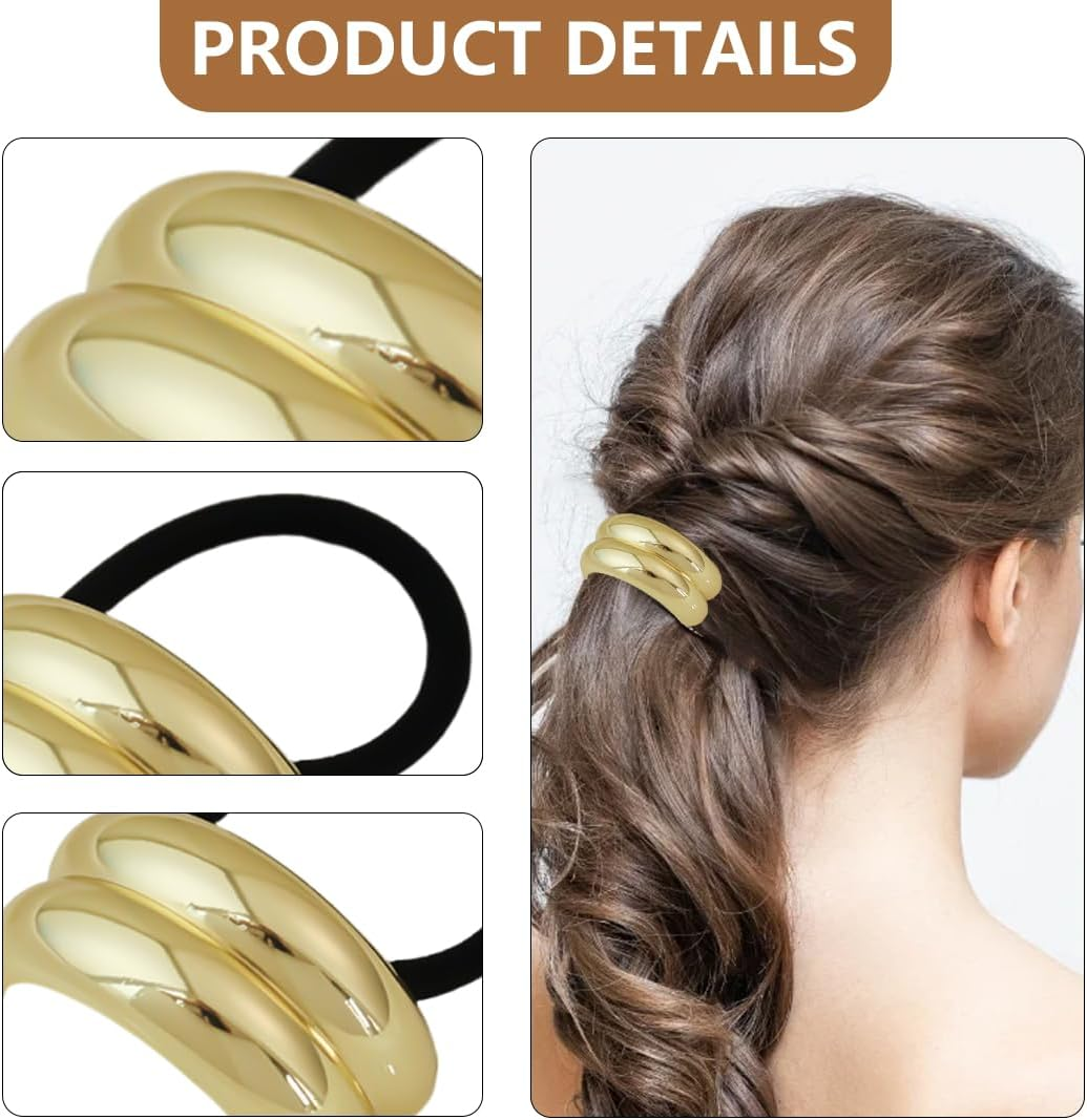 SGERUFZ 4 Pieces Metal Hair Cuffs, Hair Tie Bracelet, Ponytail Holder, Women'S Hair Accessory, Elastic Hair Tie, Hairband for Women and Girls, Thick Thin Curly (Gold, Black) image number 1