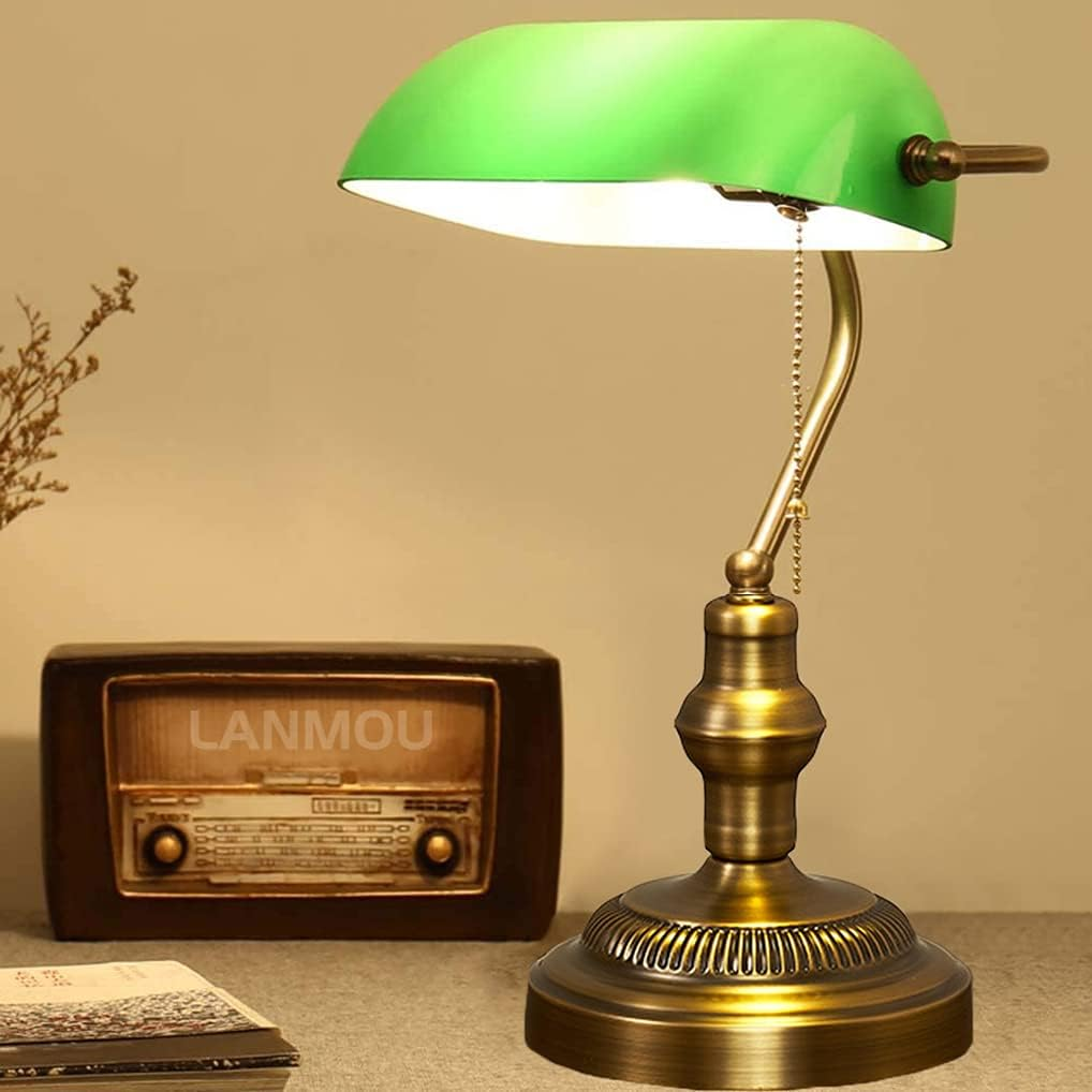 OIJVRHN Desk Lamp Retro Green Glass Shade Polished Brass Metal Base E27 Bankers Table Lamp with Pull Line Switch image number 4