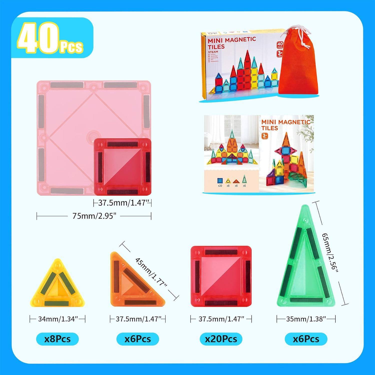 OMIPAWZ Mini Magnetic Tiles Travel Set, Magnet Building Blocks Toys for Toddlers Kids Age 3-8 (40PCS) image number 1