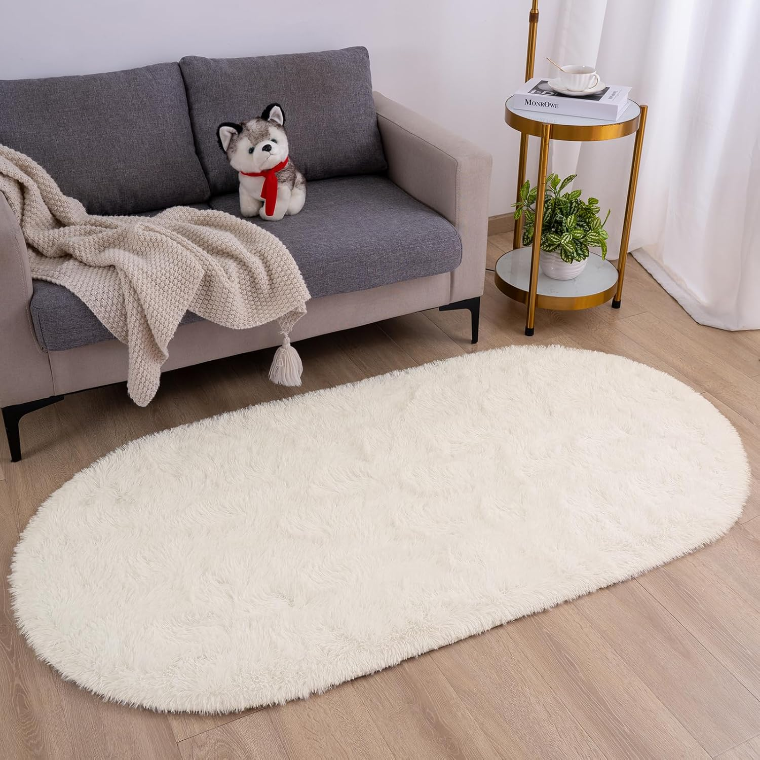 Oval Shaggy Bedroom Rug 2.6 X 5.2 Feet Fluffy Area Rugs for Girls Boys Kids Room Nursery Floor Carpet Home Decoration, Cream image number 2