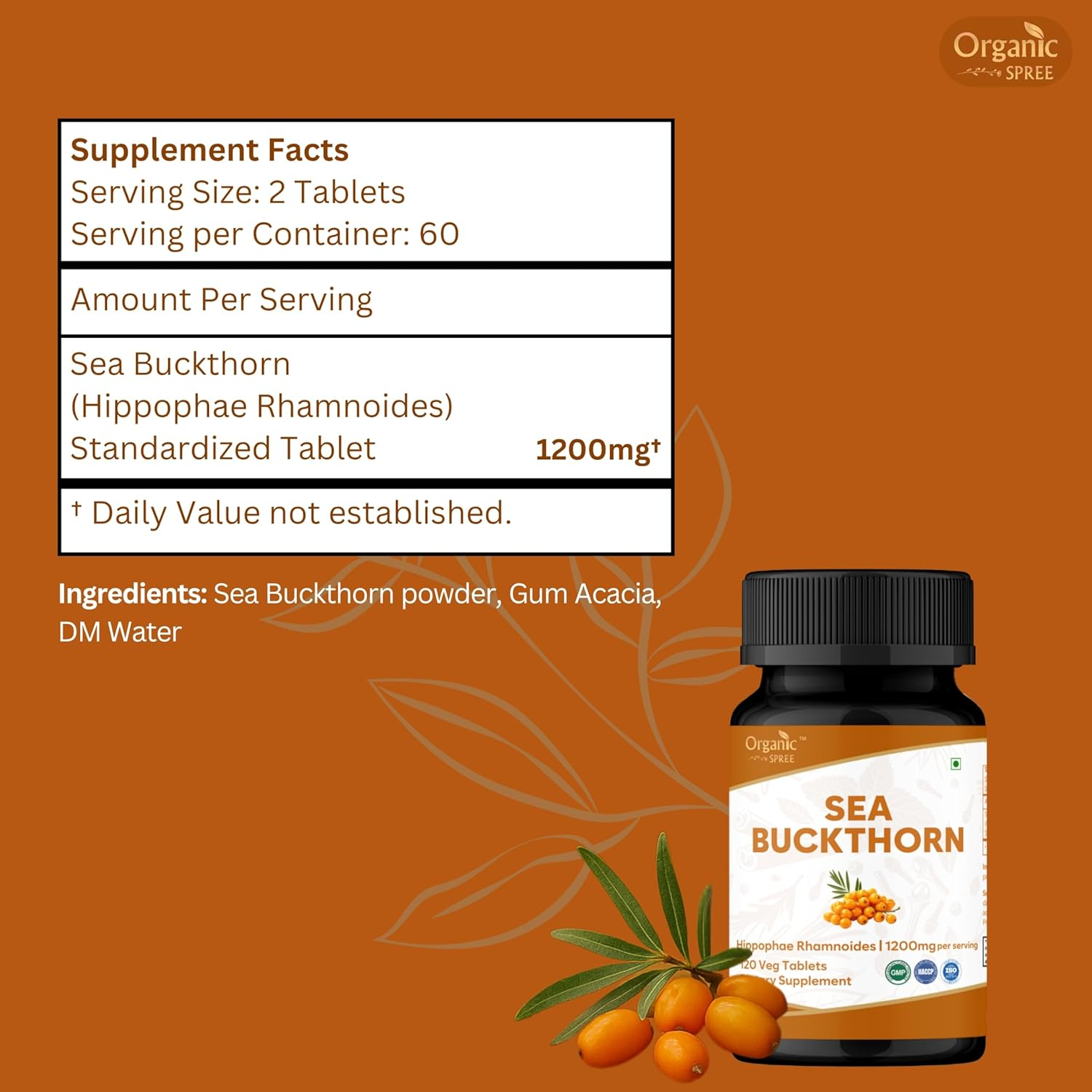 Sea Buckthorn 120 Tablets | Omega 7 | Hippophae Rhamnoides | GMP and HACCP Certified | 120Tab image number 4