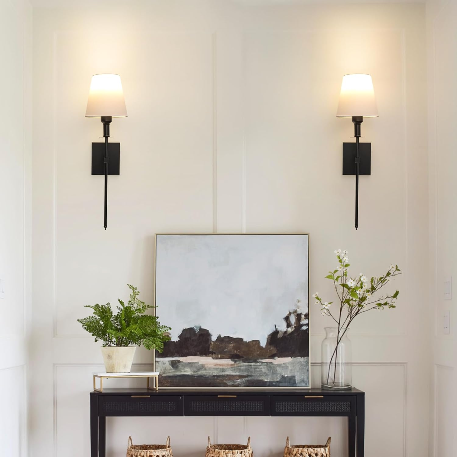 Wall Lights Battery Operated Wall Sconces Set of 2，Indoor Not Hardwired Fabric Shade Fixtures,Rechargeable Wireless Wall Sconces with Dimmable Remote Control,For Bedroom,Farmhouse (Black) image number 2