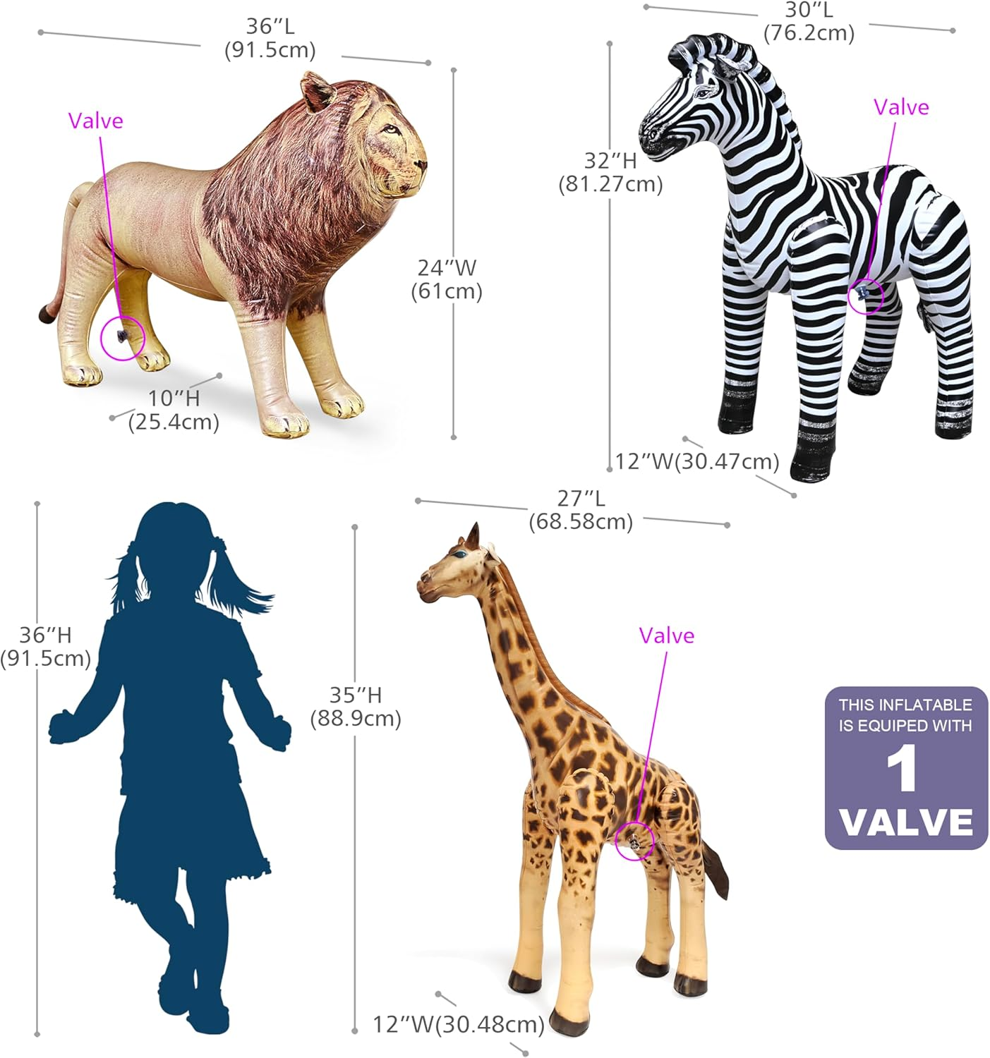 Jet Creations 3 Pack Giraffe Zebra Lion Safari Great for Pool, Party Decoration, AN-GZL image number 4