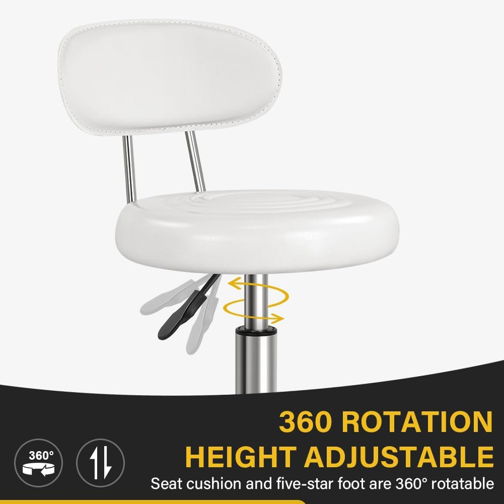 Rolling Stool with Wheels Swivel Stool with Back Height Adjustable Chair PU Leather Rolling Stools Ideal for SPA Salon Home Office Drafting Work (White)
