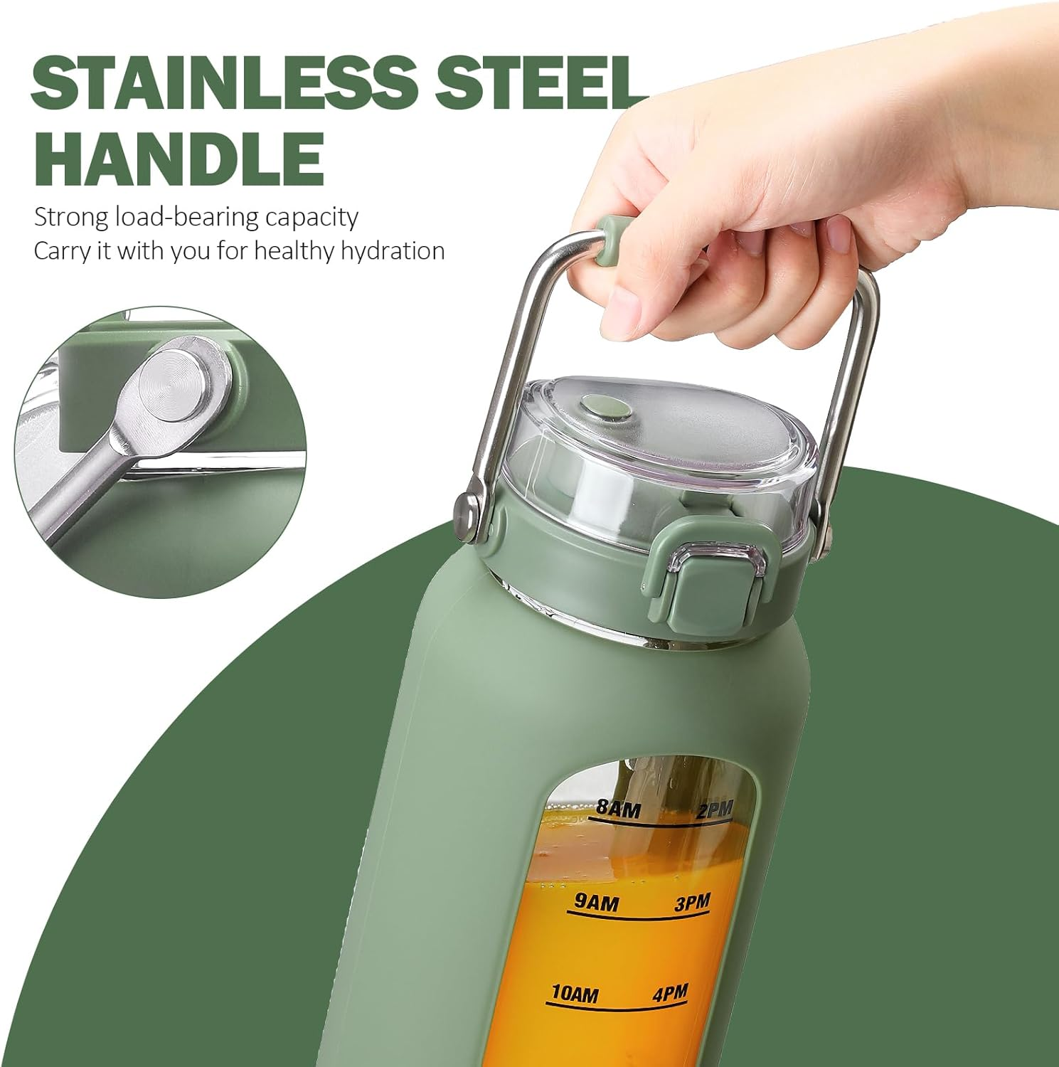 BLUEGO 2000 Ml Glass Water Bottle with Stainless Steel Handle and Time Marking, 2 L Drinking Bottle, Borosilicate Glass with Silicone Cover and Straw for Gym, Office, Outdoor, Sports, Water Bottles image number 5