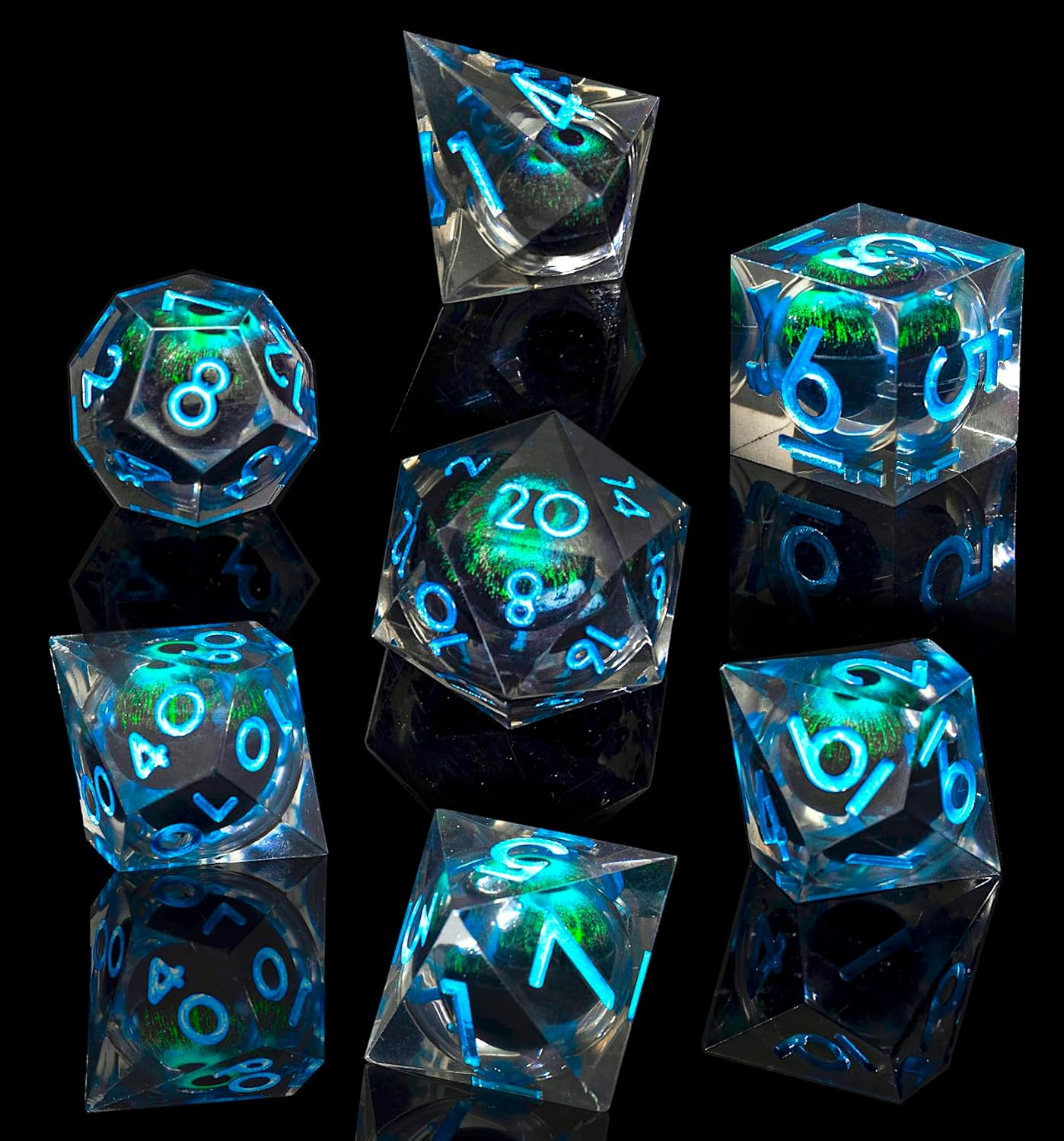 Liquid Core DND Dice Set,Sharp Edge Liquid Core Resin Handmade Cat Eye Dice with Gift Box 7 PCS for Role Playing Dungeons and Dragons Ttrpg(Purple&Blue Quicksand)