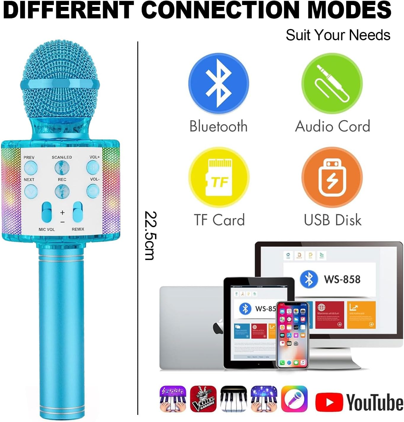 Wireless Karaoke Microphone, 5 in 1 Portable Bluetooth Microphone Kids, with Colored Leds. Karaoke Mic, for Mobile Phone/Android/Tv, for Gifts for Girls, Children and Adults of All Ages (Blue)