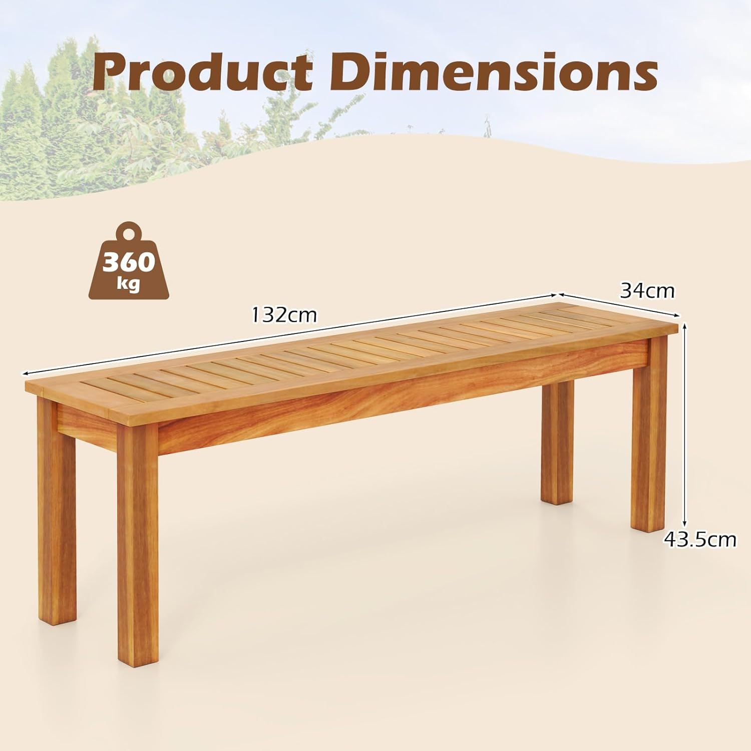 Acacia Wood Outdoor Bench, Patio Bench W/Slatted Seat & Solid Wood Legs, Outdoor Wooden Backless Bench for Entryway, Backyard, Porch, Garden, Natural Teak Color (Style 1) image number 5