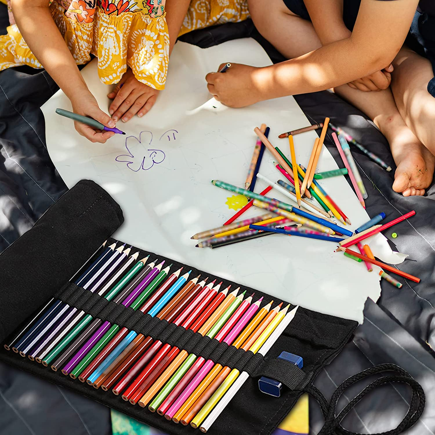 72 Slot Canvas Pencil Roll, Handmade Roll-Up Canvas Pencil Wrap for Artists, Sketchers, Students (Black) image number 2