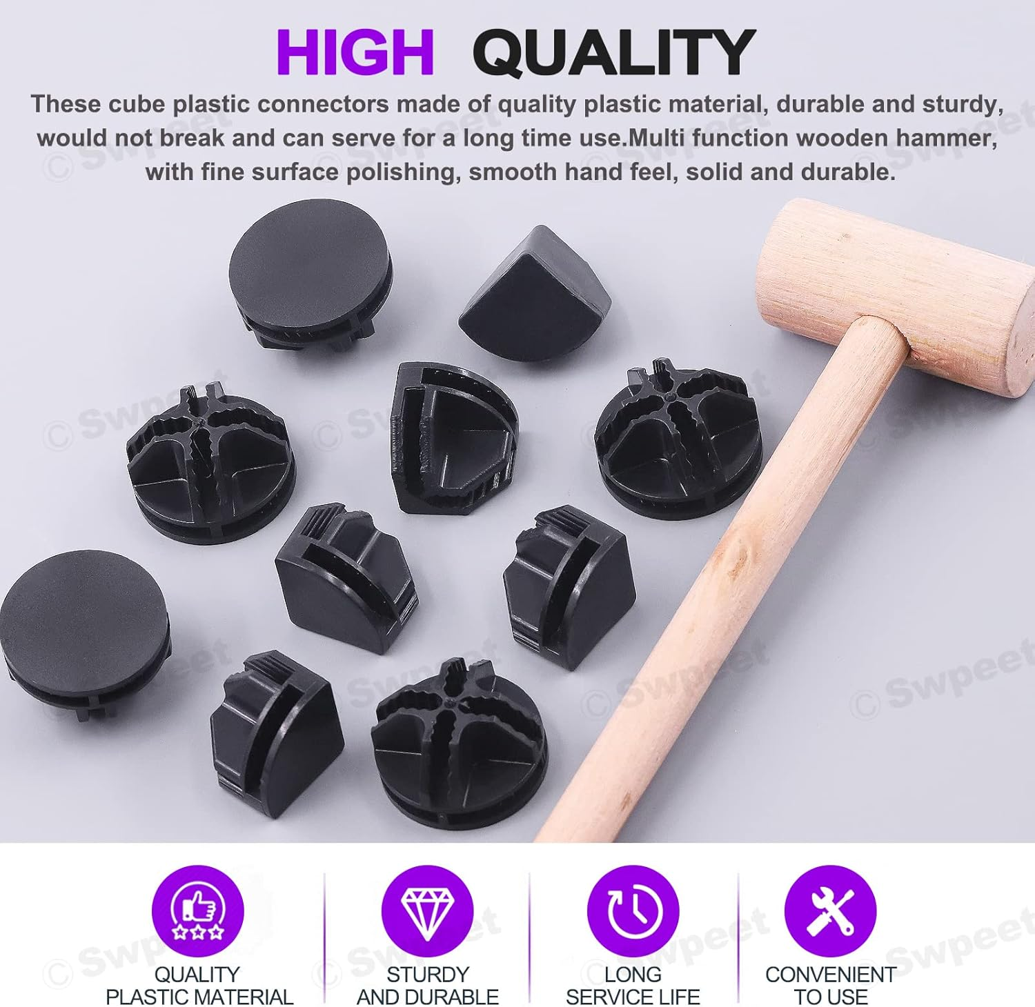 Swpeet 91Pcs 2 Styles Black Cube Plastic Connector with Cable Ties and Wooden Mallet Assortment Kit, Cube round and Right Angle Organizer Connector Wire Grid Heavy Duty Zip Ties for Shelving image number 3