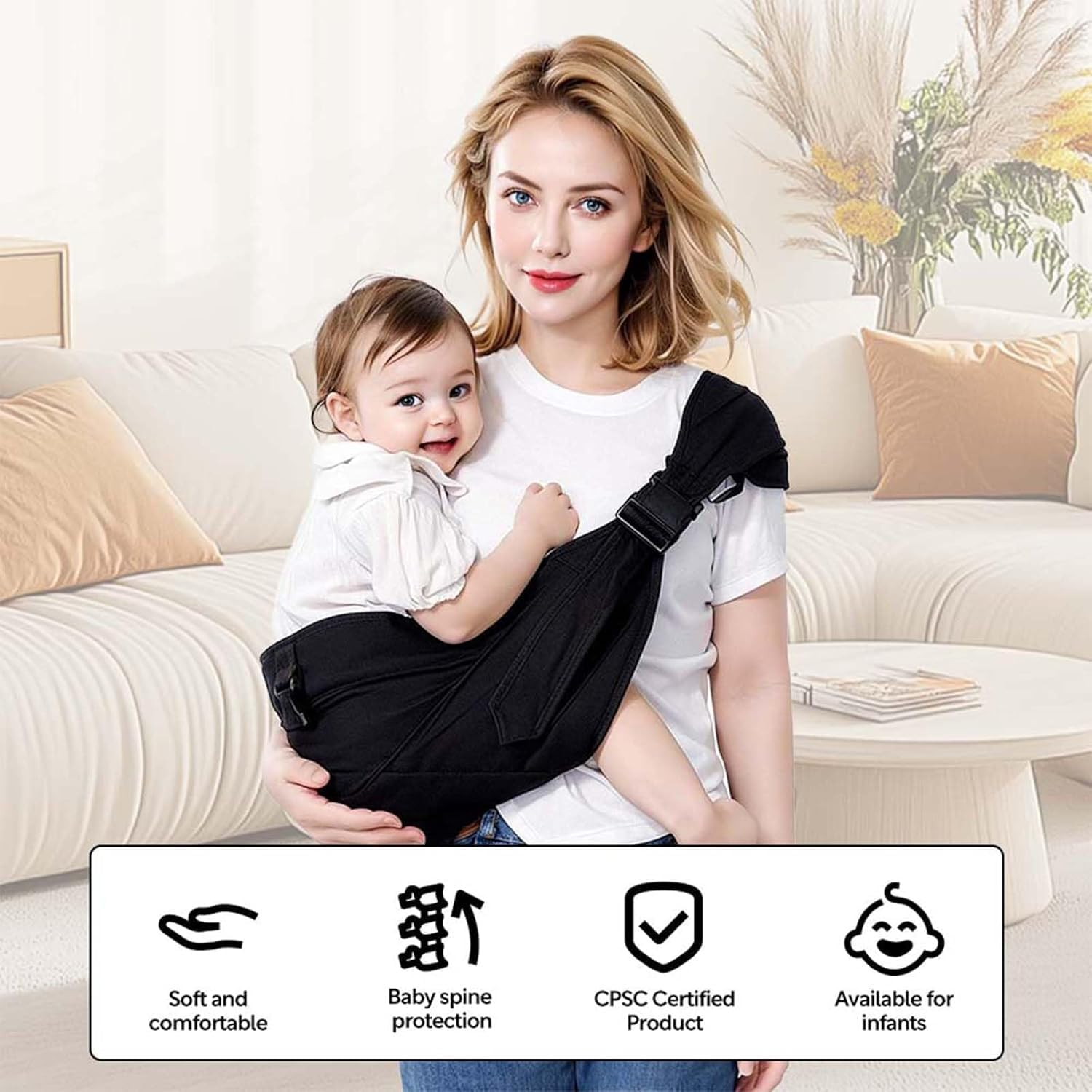 Baby Sling Carrier,Baby Carrier Newborn to Toddler Carrier Essentials Safety Non-Slip Baby Half Wrapped Sling Hip Holderr Carrying 8-30Lbs(Black) image number 4