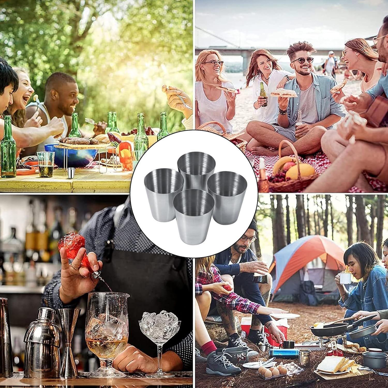 Pack of 4 Stainless Steel Cups, 30 Ml Shot Glasses Made of Metal, Portable Metal Cup with Leather Bag, for Outdoor Camping, Hiking, Picnic, Holiday (30 Ml) image number 2