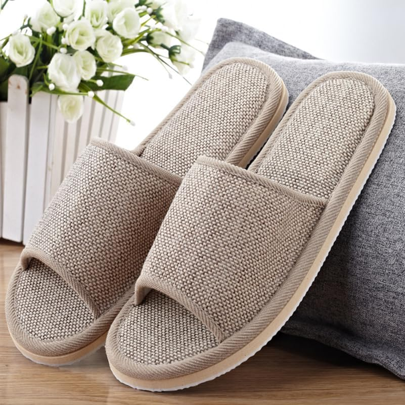 Baluue 2 Pairs Linen Slippers Slip Cotton Flax Open Toe Slippers for Home Hotel Use Lightweight Beige Comfortable Cotton Blend for Indoor Living, Size 39-40 image number 5