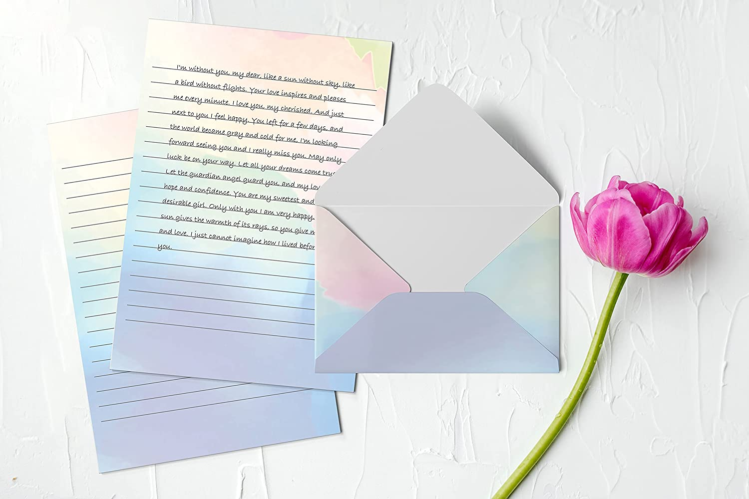 Better Office Products Mini Stationery Set, 100 Piece Set (50 Lined Watercolor Sheets + 50 Matching Envelopes), 5.5 X 8.25 Inch, 12 Unique Designs, Double Sided Printing, One Side Lined Paper, By image number 3