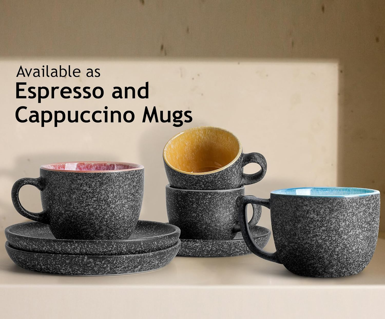 MIAMIO &ndash; 190 Ml Ceramic Stackable Cappuccino Cup with Saucers and Metal Stand &ndash; Set of 6 Stoneware Cappuccino Mug Set for Specialty Coffee Drinks, Americano, Latte &ndash; Las Palmitas Collection image number 6