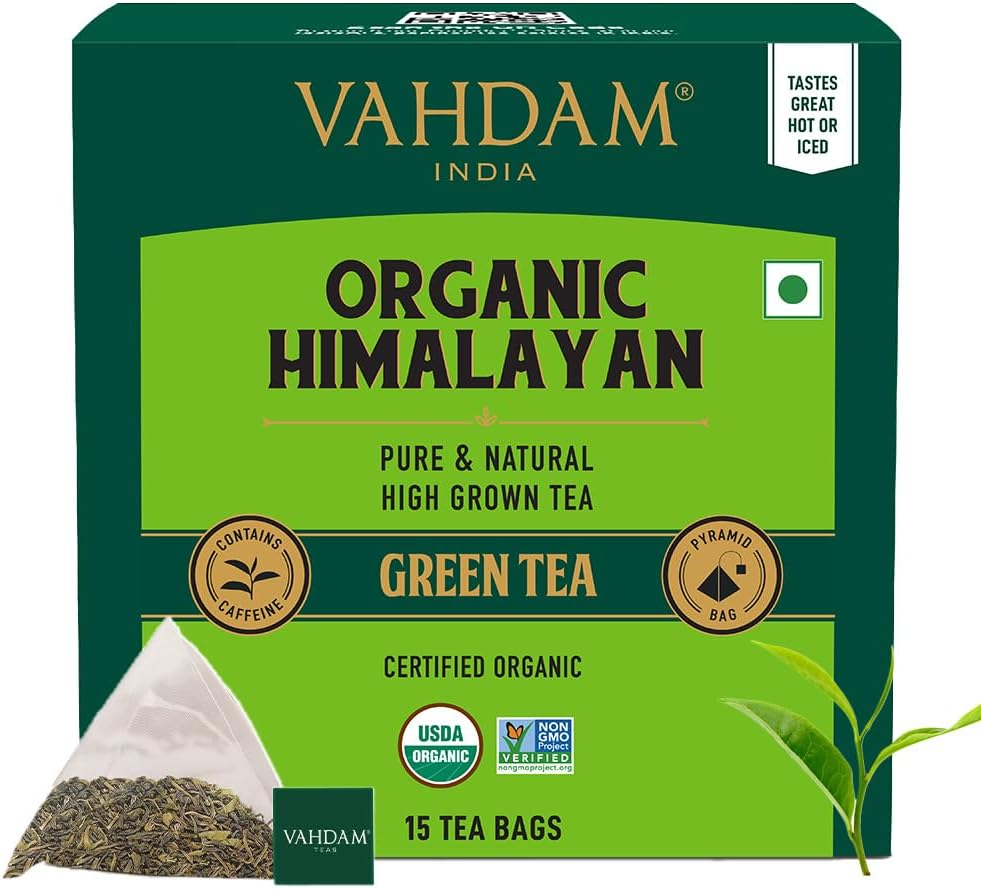 VAHDAM, Original Himalayan Green Tea (15 Count) High Grown, Non GMO, Gluten Free, Low Caffeine | Earthy, Smooth & Refreshing | Resealable & Individually Wrapped | Plant-Based Pyramid Tea Bags