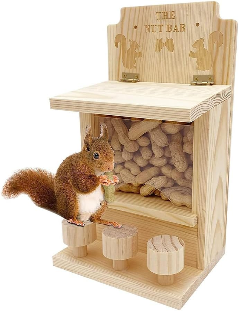 Wooden Squirrel Feeder,Durable Box Easy to Fill,Squirrel Feeders for outside with Corn Cob Holder and round Stool,Wood Waterproof Picnic Table Funny Chipmunk House Nuts Bar for Backyard Garden Outdoor