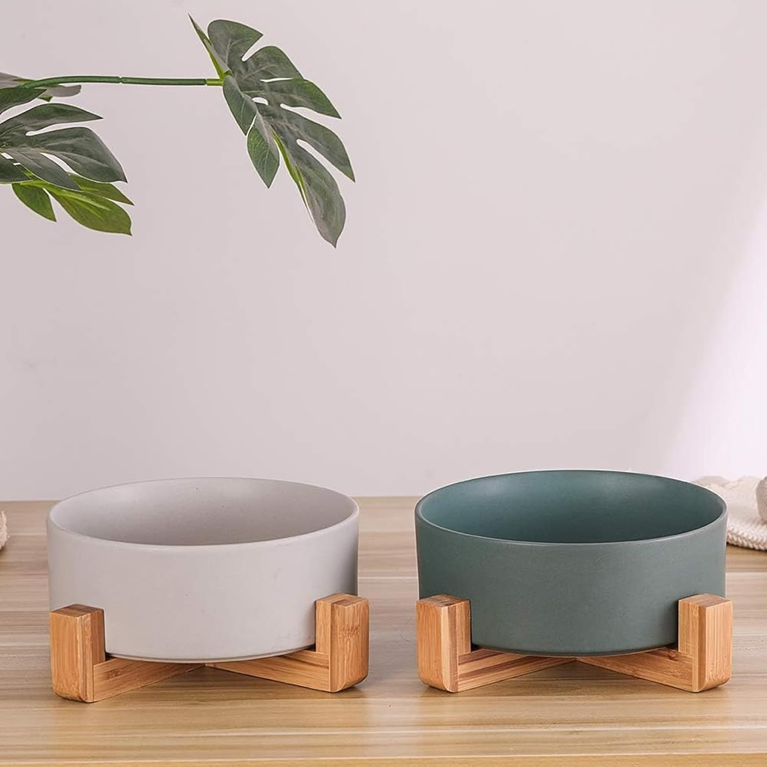 Ceramic Dog Bowls with Non Slip Wood Stand, PRENDIEEN Dog Water Bowls and Food Dish, Heavy No Tip over Dog Comfort Food Bowls, Extra High Capacity 8.4In(21Cm) Diameter, for Large Dogs (Grey) image number 5