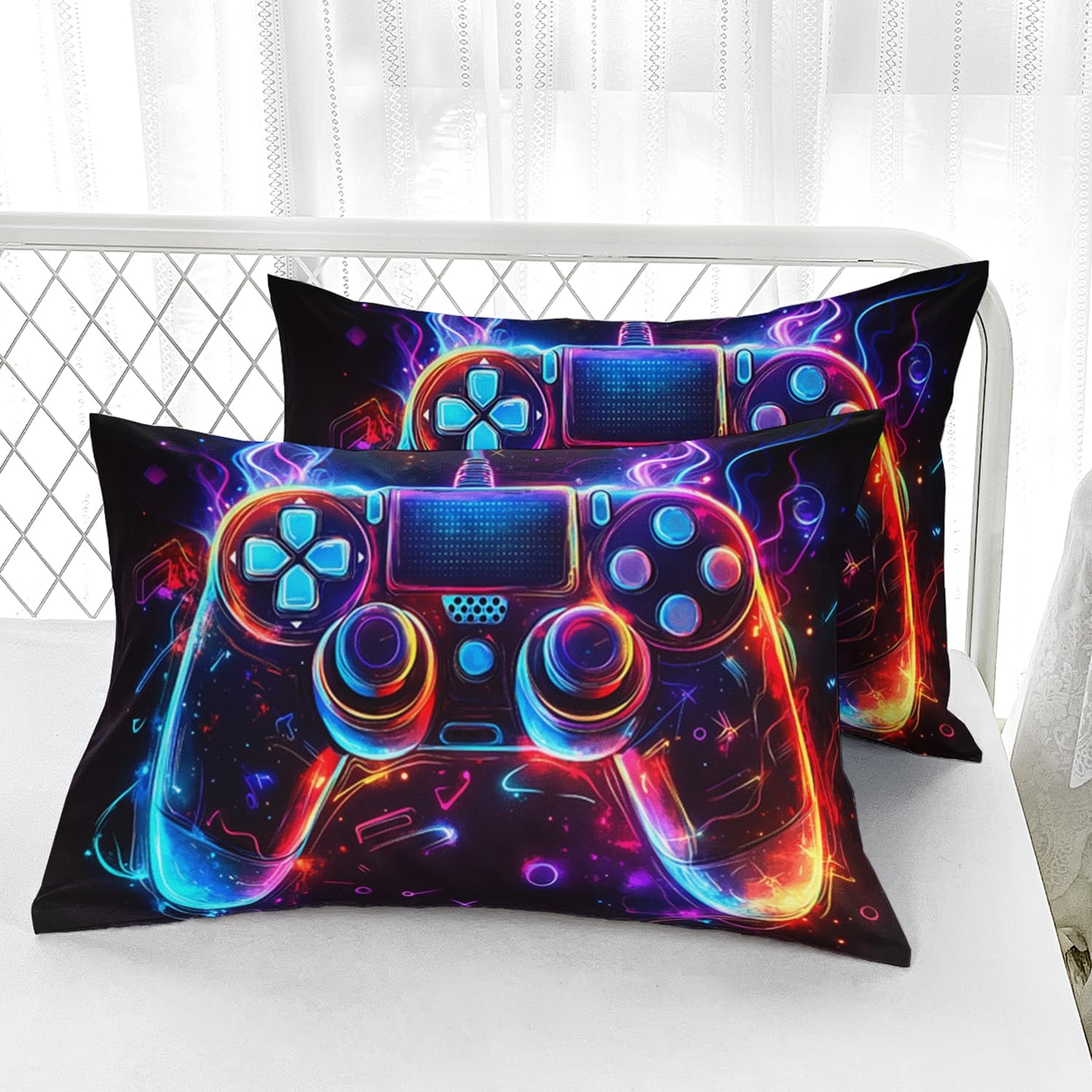 AILONEN Boys Gamer Fitted Sheet Set Queen,Colorful Video Game Controller Printed Bedding for Gaming Lovers,3D Game Console Black Fitted Sheet + 2 Pillowcases,3Pcs image number 4