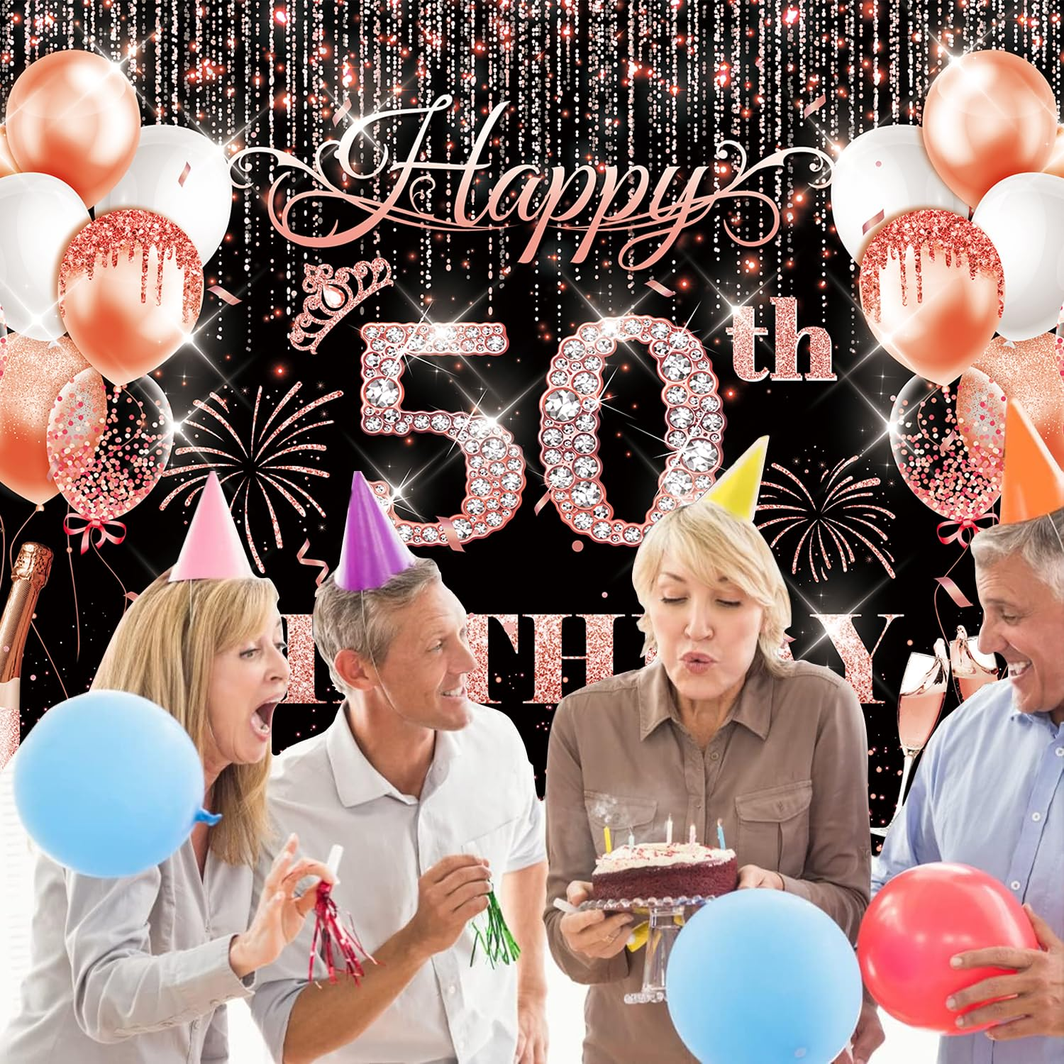 50Th Birthday Decorations for Women Her, Rose Gold 50Th Happy Birthday Banner Backdrop Decor Welcome Background Sign for Fifty Year Old Birthday Party Supplies Indoor Outdoor 71 X 45 Inchs - Color image number 4
