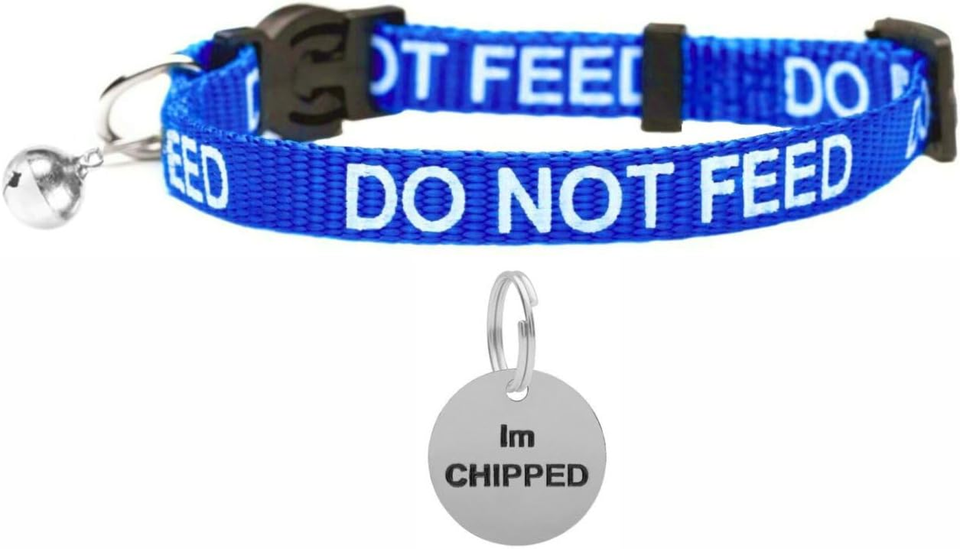 LARRYROO Cat Collar with DO NOT FEED Print - Soft Nylon & Safety Release Buckle - with Personalised Engraved round Silver ID Tag with IM CHIPPED Print (Red)