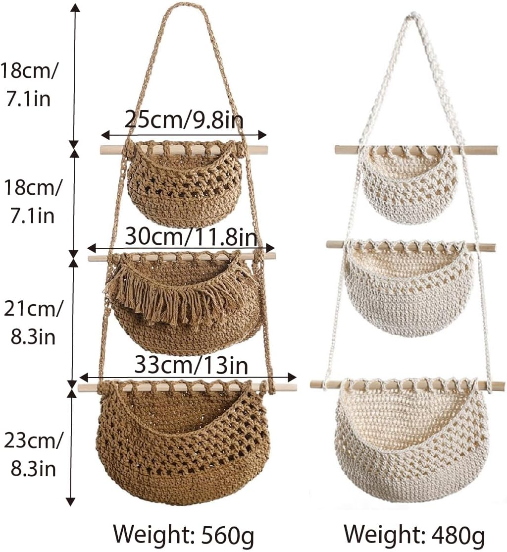 AIMALL 3-Layer Hanging Wall Storage Basket Cotton Rope Organizer for Sundries with Wooden Rods, Woven Wall Hanging Bag for Entryway, Living Room, and Nursery image number 6