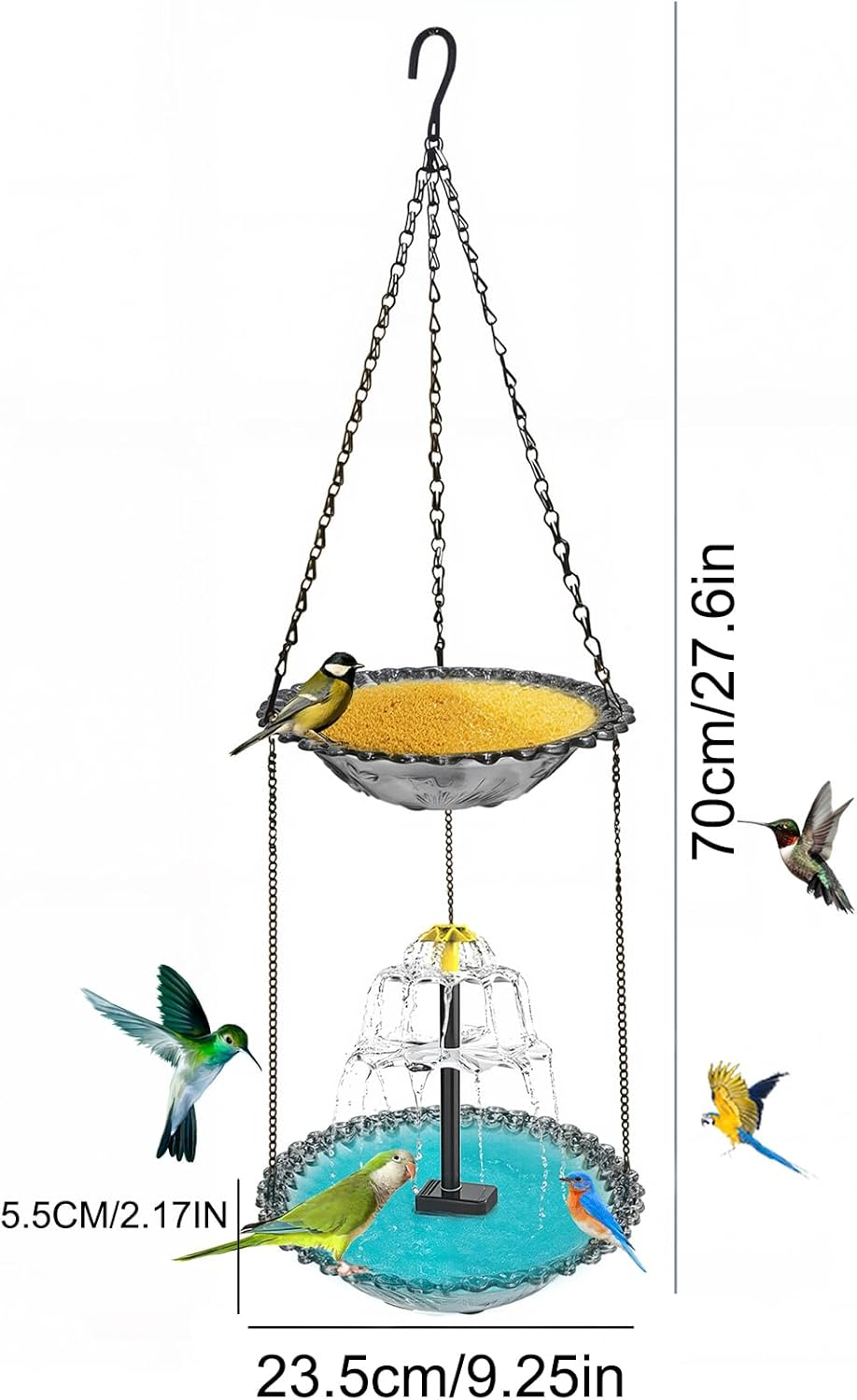 Hanging Bird Bath with Solar Fountain, Solar Birdbath, 9.25" X 27.6" H Double-Layer Hanging Bird Baths for Outdoors, Garden, Hummingbird (Gray) image number 6